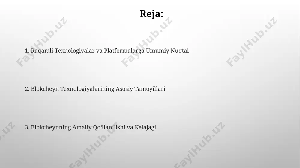 yn texnologiyasi 51% hujumlariga chidamli bo'lish uchun kamida 51% dan ortiq nodlar tarmog'ida ishtirok etishi kerak. bu tarmoq xavfsizligini ta'minlaydi. blokcheyn va raqamli iqtisodiyot o'zbekistonda blokcheyn texnologiyalarini joriy etish davlat xizmatlarini avtomatlashtirish va korrupsiyani 15% ga kamaytirishga yordam beradi. raqamli aktivlarni boshqarish va ulardan foydalanishda blokcheyn 1000 dan ortiq turdagi raqamli valyutalar va tokenlarning xavfsiz saqlanishini ta’minlaydi. raqamli texnologiyalar va platformalarga umumiy nazar raqamli texnologiyalar, jumladan, bulutli hisoblash va katta ma'lumotlar tahlili, korxonalarning samaradorligini 30% gacha oshirishga qodir. smartfonlar va iot (internet of things) qurilmalari sonining tez o'sishi 5g tarmoqlari kabi yuqori tezlikli infratuzilmalarga bo'lgan talabni 10 baravar orttirdi. blokcheynning kelajagi va taraqqiyoti hozirgi kunda 1000 dan ortiq blokcheyn loyihalari mavjud bo'lib, ular turli sohalarda, jumladan, moliya, sog'liqni saqlash va ta'limda qo'llanilmoqda, bu esa texnologiyaning o'sishi va rivojlanishini ko'rsatadi. blokcheynning kelajagi, shuningdek, ma'lumotlar xavfsizligini ta'minlash va shaffoflikni oshirish orqali, foydalanuvchilarning ishonchini oshirish va 10% dan ortiq yangi biznes modellarini yaratishda …