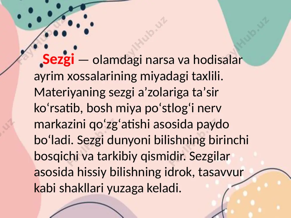 ni burun kavagining yuqori tomoni hisoblanib, bu erda hid bilish hujayralari hamda sezuvchi nerv tarmoqlari joylashgan. ular shilliq pardalarda botib turadi. hidli moddalar sezuvchi nervni qo‘zg‘aydi. hid bilish markazi bosh miya yarim sharlari orqa yuzasining pastki qismida mavjud deb taxmin qilinadi. hidli moddalar hid bilish hujayralariga gaz holatida ta’sir etib, kimyoviy reaksiyalar yo‘li bilan ularni qo‘zg‘atadi. oddiy gaz holatidagi hidli moddalar havo bilan nafas olish jarayonida burun havosiga kirib keladi, natijada aks ettirish holati hosil bo‘ladi. organik sezgilar organik sezgilarning retseptorlari ichki organlarda, qizilo‘ngach, me’da, ichak, qon tomirlari, o‘pka va shu kabilarda joylashgan bo‘ladi. ichki organlardagi jarayonlar organik sezgilar retseptorlarining qo‘zg‘atuvchi-laridir. ularga quyidagilar kiradi; a) og‘riq sezgilar; b) chanqoq sezgilari; v) noxush tuyg‘ular; g) ochlikni sezish. e’tiboringiz uchun rahmat image1.png image2.png image3.png image4.png image5.png image6.png image7.png image8.png image9.png image10.png image11.png image12.png image13.png image14.png image15.png image16.png image17.png image18.png image19.png image20.png image21.png image22.png image23.png image24.png