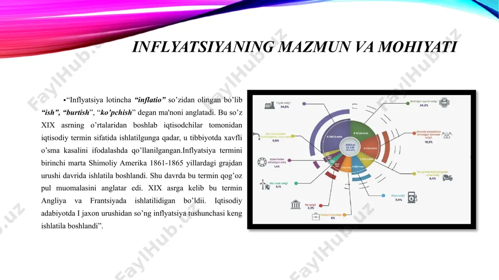 ya prognoz koridorining (13,5-15,5%) yuqori chegarasiga yaqin darajada shakllandi va 15,2 foizni tashkil etgan. kredit inflyatsiyasi. ushbu inflyatsiya turi mamakat markaziy, ba’zi mamlakatlarda milliy banklari tomonidan olib boriladigan kredit ekspansiyasi natijasida yuzaga chiqadi. markaziy bank tijorat binklari uchun. yuqori darajadagi qayta moliyalashtirish stavkasining o’rnatilishi natijasida xo’jalik sub’ektlariga beriladigan kredit qimmatlashadi. xo’jalik sub’ektlari olingan kredit va u bo’yicha foizlarni o’zlari ishlab chiqaradigan mahsulot tannarxiga kiritadi hamda ushbu holat mahsulotlar narx-navosini ko’tarilishiga sabab bo’ladi. import bilan bog’liq inflyatsiya. pxq 2017, 2018, 2019 – yillardagi narxlaro’sishi. (oziq va nooziq ovqat mahsulotlari) xulosa inflyatsiya har bir davlat iqtisodiyotida ma’lum ahamiyat kasb etadi. davlatning iqtisodiyotda olib borayotgan to’g’ri siyosati ya’ni soliq, pul, moliya, siyosatlari qo’yinki iqtisodiyotdagi harakatlari antiinflyatsion choralar inflyatsiya ko’rsatkichlarini bir maromda ushlab turadi. bu esa har bir davlatning iqtisodiyoti rivojlanishida katta ahamiyat kasb etadi. shunday qilib, hozirgi iqtisodiyotda ya’ni o’zbekistonimizda antiinflyatsion chora tadbirlar o’z samarasini bermoqda desam mubolag’a bo’lmaydi. albatta, yurtimizda bunday chora …