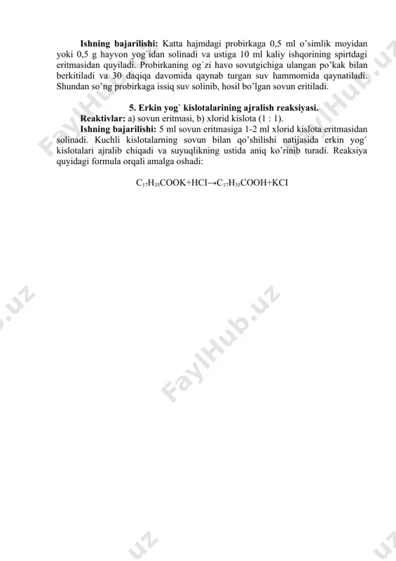 , v) bor kislotasi (kristall holda). ishning bajarilishi: quruq probirkaga bir necha tomchi o’simlik moyidan yoki hayvon yog`ining kichik bo’lagidan solinadi. ustiga kaliy yoki natriy bisulfat kukunidan, bor kislotasidan sepiladi va ehtiyotlik bilan qizdiriladi. natijada akroleinning oq bug`lari hosil bo’ladi. bu bug` qo’lansa hidli bo’lishi bilan harakterlanadi. 1. yog`larning sovunlanish reaksiyasi yog`larni ishqorlar bilan qo’shilishi natijasida ular gidrolizga uchrab, yog` kislotalarining tuzlari (sovun) va glitserin hosil bo’ladi. yog` kislotalarning natriyli tuzlari qattiq sovun, kaliyli tuzlari suyuq sovun hosil qiladi. mazkur reaksiyalar quyidagi tenglama orqali boradi. reaktivlar: a) o’simlik moyi yoki hayvon yog`i, b) koh ning spirtdagi 30% li eritmasi, v) distillangan suv. ishning bajarilishi: katta hajmdagi probirkaga 0,5 ml o’simlik moyidan yoki 0,5 g hayvon yog`idan solinadi va ustiga 10 ml kaliy ishqorining spirtdagi eritmasidan quyiladi. probirkaning og`zi havo sovutgichiga ulangan po’kak bilan berkitiladi va 30 daqiqa davomida qaynab turgan suv hammomida qaynatiladi. shundan so’ng probirkaga issiq suv solinib, hosil …