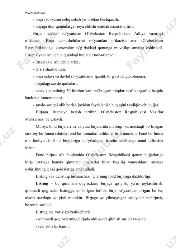 i oshkora joylashtirish maqbul bo`lmagan kichik hajmga ega bo`lsa; kompaniya listing kelishuvini buzsa, bunday hollarda delisting qo`llaniladi. fond birjasi to`g`risidagi qonunchilik. o`zbekiston respublikasida fond birjalarini tashkil etish va ular faoliyatini o`ziga xos jihatlari «qimmatli qog`ozlar va fond birjasi to`g`risida»gi qonun bilan tartibga solinadi. qonunda belgilab qo`yilganidek, fond birjasi qimmatli qog`ozlarning, risoladagidek aylanishi uchun zarur shart-sharoitlarni yaratib beradigan, ularning bozor narxlarini (qimmatli qog`ozlarga talab va taklif o`rtasidagi muvozanatni aks ettiradigan) aniqlab beradigan va bu narlar xususidagi axborotni tarqatadigan, qimmatli qog`ozlar bozori qatnashchilarining yuksak darajadagi (professionalizm)ni qo`llab-quvvatlaydigan tashkilotdir. fond birjasi o`z faoliyatida o`zbekiston respublikasining qonunlariga, birja ustaviga hamda qimmatli qog`ozlar operatsiyalarini amalga oshirishga doir ichki qoidalarga rioya qiladi. fond birjasi ro`yxatdan o`tadi va o`zbekiston respublikasi qonunchiligiga binoan qimmatli qog`ozlar bilan birja faoliyatini yuritishga litsenziya oladi. qimmatli qog`ozlar bilan operatsiyalar yuritish huquqi uchun ijozatnoma (litsenziya) olgan yuridik va jismoniy shaxslar fond birjasining muassislari bo`lishi mumkin. yuridik, jismoniy shaxslar, shu jumladan brokerlik o`rnini sotib …