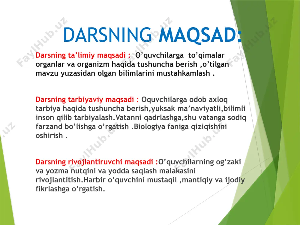 qattiq (suyak,togáy) tigíz tolali -(chin teri,qon tomirlari devori ,paylar)g’ovak tolali-(teriosti yog’klechatkasi,yurak xaltasi)himoya qilish -(qon,suyak,togáy) kabilar kiradi muskul to’qimasi-shakli o’zgargan hujayralar muskul tolalardan iborat . nerv to’qimasi-nerv hujayralari(neyron)va oraliq hujayralar( neyrogliya)dan iborat organlar –tananing muayyan tuzilishiga va shaklga ega bo’lgan,bitta yoki bir necha xil to’qimadan tashkil topgan qismga aytiladi. organlar sistemasi-biror funksiyani bajaradigan organlar birgalikda organlar sistemasini hosil qiladi . tayanch harakatlanish,qon aylanish, ayirish,nafas olish, hazm qilish,sezgi, jinsiy organlar sistemasi mavjud. organizm-odam organizmi bosh ,boyin, tana, qo’l va oyoq qismlardan iborat juftlab yozing 1.epiteliy to’qima a.bosh bo’yin,qo’l ,oyoq,tana 2. biriktiruvchi to’qima b.qon aylanish, ayirish , nafas olish 3 .muskul to’qima c.yurak, buyrak ,jigar ,ko’z ,quloq 4. nerv to’qima d.tashqi teri qavati 5 .organ e.qon, limfa, suyak, togáy,pay 6 .organizm f.neyron va neyrogliya 7. organlar sistemasi k.muskul tolalaridan iborat 8.to’qimalar h.hujayralar yigíndisi biologik loto organizmda tuzilishi ,kelib chiqishi va bajaradigan funksiyasiga ko’ra o’xshash bo’lgan hujayralar yig’ndisi nima deyiladi odam…….bosh ,boýin,qo’l va oyoq …