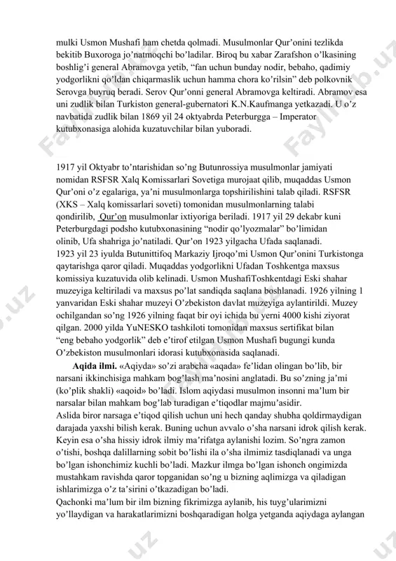 ud. koʼpchilik olimlarning fikricha mazkur musxaf sohibqiron аmir temur tomonidan basradan koʼplab qoʼlyozma kitoblar va boshqa oʼljalar bilan birga samarqandga keltirilgan va mashhur temur kutubxonasiga qoʼyilgan. 400 yil davomida bu muqaddas kitob samarqandda saqlanadi. 1868 yilda rossiya askarlarining samarqandga bostirib kirishi bilan xalqimizning moddiy, maʼnaviy boyliklariga tajovuz boshlandi. bu tajovuzdan qabr toshlari, maqbara ichidagi yodgorliklar ham, musulmonlar diniy eʼtiqodining shohona mulki usmon mushafi ham chetda qolmadi. musulmonlar qurʼonini tezlikda bekitib buxoroga joʼnatmoqchi boʼladilar. biroq bu xabar zarafshon oʼlkasining boshligʼi general аbramovga yetib, “fan uchun bunday nodir, bebaho, qadimiy yodgorlikni qoʼldan chiqarmaslik uchun hamma chora koʼrilsin” deb polkovnik serovga buyruq beradi. serov qurʼonni general аbramovga keltiradi. аbramov esa uni zudlik bilan turkiston general-gubernatori k.n.kaufmanga yetkazadi. u oʼz navbatida zudlik bilan 1869 yil 24 oktyabrda peterburgga – imperator kutubxonasiga alohida kuzatuvchilar bilan yuboradi. 1917 yil oktyabr toʼntarishidan soʼng butunrossiya musulmonlar jamiyati nomidan rsfsr xalq komissarlari sovetiga murojaat qilib, muqaddas usmon qurʼoni oʼz …