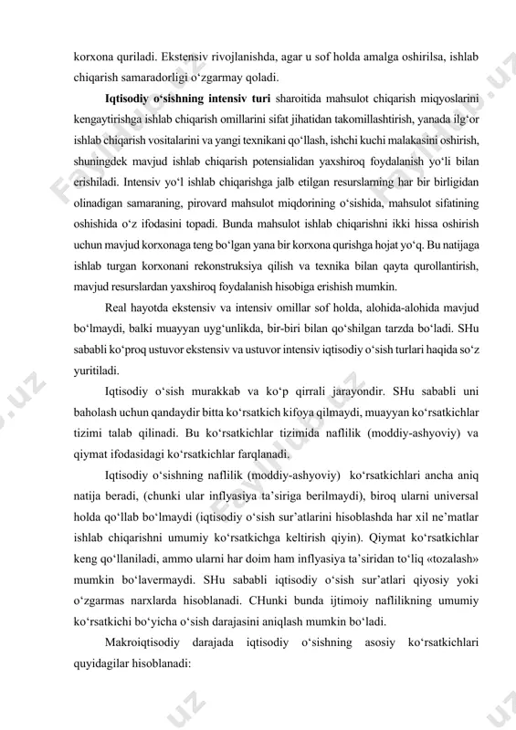 i aniqlashda har uchala ko‘rsatkichdan ham foydalanish mumkin, lekin ularning ahamiyati turlicha bo‘ladi. masalan, agar diqqat markazida iqtisodiy salohiyat muammosi tursa, birinchi ko‘rsatkichdan foydalanish ko‘proq mos keladi. alohida mamlakat va mintaqalardagi aholining turmush darajasini taqqoslashda, ko‘proq ikkinchi ko‘rsatkichdan foydalaniladi. iqtisodiy samaradorlikni baholashda uchinchi ko‘rsatkichga ustuvorlik beriladi. iqtisodiy o‘sishning alohida tomonlarini tavsiflovchi ko‘rsatkichlari ham mavjud bo‘lib, ulardan asosiylari ishlab chiqaruvchi kuchlar rivojlanish darajasi, mehnat unumdorligining o‘sishi va ish vaqtini tejash, shaxsiy daromad va foyda massasi, milliy iqtisodiyotning tarmoq tuzilishi kabilar hisoblanadi. ishlab chiqaruvchi kuchlar darajasi quyidagi ko‘rsatkichlar bilan tavsiflanadi: a) ishlab chiqarish vositalarining rivojlanganlik darajasi; b) xodimning malakasi va tayyorgarlik darajasi; v) ishlab chiqarishning moddiy va shaxsiy omili o‘rtasidagi nisbat; g) mehnat taqsimoti, ishlab chiqarishning tashkil etilishi, ixtisoslashtirilishi va kooperatsiyasi. iqtisodiy o‘sishning jahon amaliyotida keng qo‘llaniladigan boshqa ko‘rsatkichi iqtisodiyotning tarmoq tuzilishi hisoblanadi. u tarmoqlar bo‘yicha hisoblab chiqilgan yaim (yaim) ko‘rsatkichi asosida tahlil qilinadi. bunda iqtisodiyotning yirik sohalari, moddiy va nomoddiy ishlab …