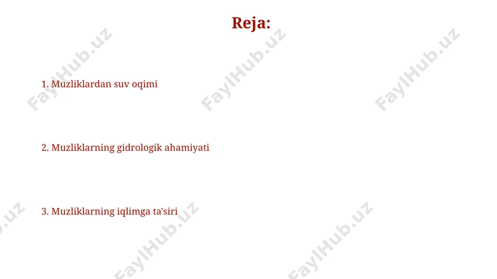 tirishi mumkin, bu qishloq xo'jaligiga salbiy ta'sir ko'rsatadi. alp tog'laridagi muzliklarning tez erishi yevropaning ko'plab daryolari, jumladan, ron va reyn daryolarining suv rejimi o'zgarishiga olib kelmoqda, bu gidroenergetika va suv ta'minotiga ta'sir qiladi. muzliklarning suv resurslariga ta'siri muzliklarning erishi natijasida orol dengizi havzasiga yillik 10-15 km³ suv qo'shiladi, bu esa mintaqaning suv ta'minotida muhim rol o'ynaydi, ayniqsa, amudaryo va sirdaryo havzalari uchun. himalay tog'laridagi muzliklarning erishi g'arbiy xitoy va hindistonning yirik daryolariga, jumladan, ganges va brahmaputra daryolariga 20-30 milliard kub metrdan ortiq suv oqimini ta'minlaydi, bu millionlab odamlar uchun suv manbai hisoblanadi. muzliklarni muhofaza qilish choralari muzliklar atrofidagi 500 metr radiusdagi hududlarda chorva mollarining sonini cheklash va yaylovlarni rejalashtirish orqali, chotqol va qurama tog'laridagi muzliklarni saqlab qolish mumkin. muzliklarning 20-30%ini qoplaydigan o'simliklarni muhofaza qilish, ayniqsa, o'zbekistonning tog'li hududlarida, suv oqimini tartibga solish va eroziyani kamaytirishda muhim ahamiyatga ega. muzliklarning ekologik ahamiyati qor va muzliklarning aks ettirish qobiliyati (albedo) yuqori boʻlib, …