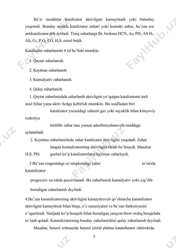 bo’lmasdan , turlicha aktivlikga ega bo’lgan aktiv markazlar mavjudligini, yuzani ko’p jinsligini ko’rsatadi. kontakt zaharlarning o’ziga xos xususiyatlaridan beri, juda oz miqdorda bo’lganda ham katatalizator aktivligini sezilarli kamaytirib yubora olish va hatto, butunlay yo’q qilishdan iborat. masalan, ni - katalizatorning aktivligi 0,000005g. hcn ta’sirida 2 barovar kamayadi, 0,00003g. hcn ta’sirida esa katatalizator tamomila passivlashadi. mis katatalizator ishtirokida metil spirtini gidrogenlashda cs2chcl 2, br 2, hgl 2 lar zaharlidir. bu reakstiyada 1g -atom katatalizator aktivligini tamomila yukotish uchun kuyidagicha miqdorda (2-atom hisob ida) zahar kifoya qiladi: cs2 dan 0,0069; br 2 dan 0,016, hgl 2 dan 0,00022. zaharning birinchi partiyasi katatalizator aktivligini 70-80% kesadi. bu chegarada aktivlik to’g’ri chiziq qonuni bo’yicha kamayadi. - katatalizatorning oldingi va zaharlanishdan keyingi aktivligi, a-zaharlanish koeffistienti. zaharning so’nggi partiyalarda aktivlik sekinlik bilan o’zgaradi. zaharlarda ham katatalizatordagi singari saylash xususiyati bor. biror zahar ma’lum katatalizator uchun ma’lum reakstiyadagina zahar bo’la olishi mumkin. bir reakstiya katalizatorning aktivligini kamaytiruvchi …