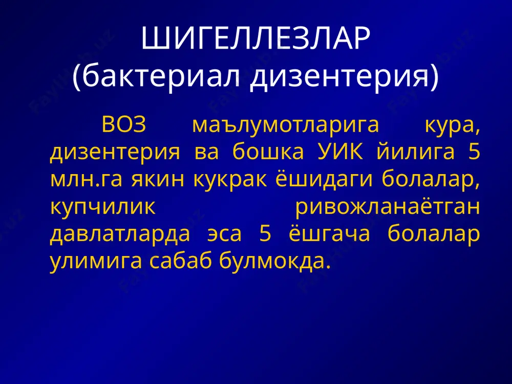 ферментатив ва серологик хусусиятларини урганишга асосланади. григорьева шига – экзотоксин (нейротоксин) ишлаб чикаради, у кучли энтеротоксик активликка эга булиб, унинг вирулентлиги жуда юкори. бошка шигеллалар эндотоксин ишлаб чикаради. грамм - манфий микроорганизмлар булиб, узунлиги 2 - 4 мкм, кенглиги 0,5 - 0.8 мкм, капсула ва хивчинлари йук, спора ва пигмент хосил килмайди, анилин буёклари билан буялади. шигеллалар факультатив анаэроб. s –форма, r- форма, l-формалари фаркланади. шигеллалар идентефикациясида дифференциал белгиси булиб, уларнинг углеводларни газ хосил килмасдан ферментлаш хусусияти хисобланади. ташки мухитда узок сакланади. касаллик манбаи – факат одам, беморларда касалликнинг субклиник кечиши ва бактерия ташувчилар хавфли хисобланади. юкиш механизми –фекал-орал. юкиш йули – сув оркали, алиментар (озик-овкат оркали), маиший, пашшалар оркали. гргорьева шига - маиший йул оркали; флекснера – сув оркали; зонне – озик-овкат оркали (купинча сут махсулотлари билан). зарарланиш факат огиз оркали кузатилади. дизентерияни одамларга бошка йуллар оркали юктириш натижасиздир. патогенези. дизентерияда патологик жараённинг ривожланиш механизми жуда мураккаб. оит функционал …