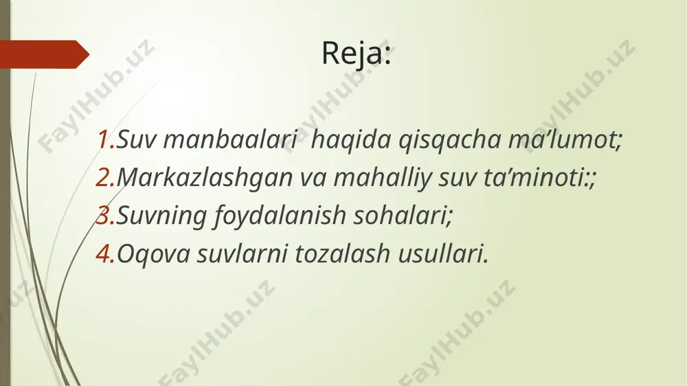 i, chunki agar mahalliy suv tarqatish ta’minoti tizimida aholi suvni bevosita manbaning o’zidan hech qanday tozalash ishlarini amalga oshirmay iste’mol qilsa, markazlashgan suv ta’minoti tizimida suvni manbadan olish, tozalash, zararsizlantirish va uni iste’molchigacha yetkazib berish bosqichlari orqali amalga oshiriladi suvning foydalanish sohalari oqova suvlarni tozalash usullari mexanik biologik kimyoviy suvni tindirish suvga koagulyant qo’shish suvni filtrlash kimyoviy neytrallash biologik maxsus suv o’tlari yordamida suvda cho’kma cho’kadi oksidlash-qaytarish tindirgich qumushlagich neytrallash jarayoni biohovuzlar xulosa suv – insoniyat hayotining ajralmas manbai bo‘lib, uning sifatli va xavfsiz holatda saqlanishi ekologik barqarorlik hamda sog‘lom turmush tarzining asosiy omilidir. oqava suvlar esa atrof-muhitga salbiy ta’sir ko‘rsatishi mumkin bo‘lgan omillardandir. shu sababli, ularni tozalash bugungi kunda dolzarb masalalardan biridir. taqdimot davomida oqava suvlarni mexanik, biologik va kimyoviy usullarda tozalash texnologiyalari ko‘rib chiqildi. har bir usulning o‘ziga xos afzalliklari va qo‘llanilish sohasi mavjud. mexanik usullar — suzuvchi zarrachalarni ajratishda, biologik usullar — organik moddalarning parchalanishida, kimyoviy usullar …