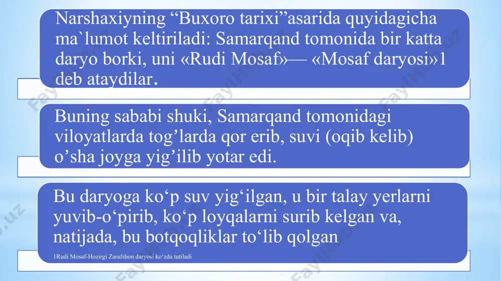 nali orqali qash­qadaryo vohasi, panjakent tumani (tojikiston r.) ham bir qancha maydonlarni zarafshon suvi bilan sug‘orishadi. bularning barchasi daryo suvining me'yoriy jihatdan kamayishiga katta ta'sir o‘tkazadi. shahar «qalʼayi dabusiy»4— «dabusiy qalʼasi» boʼlib, shahar deb shuni atar edilar «hamuk» deb, buxoro tilida gavharga aytiladi, «ket» esa — shahar, yaʼni hamuket «hamuk — gavharning shahari» demakdir. buxoro tilida katta odamni «hamuk», yaʼni falonchi gavhar deydilar. 4qalʼayi dabusiy-o‘zbekistondagi hozirgi ziyouddin temir yo‘l stansiyasi yonida joylashgan bir qancha muddat oʼtgandan keyin аbruy (hukmdorlikda) ulgʼayib, shu viloyat (xalqi)ga zulm qilishga tutundi; xalq ortiq chiday olmadi, dehqonlar va boylar bu viloyatdan qochdilar hamda turkiston va taroz (yaqinida) bir shahar bino qilib uni hamuket deb atadilar, chunki buxorodan qochib ketgan toifaning raisi boʼlmish bir katta dehqonning nomi hamuk edi; soʼngra buxoroda qolgan kishilar oʼzlarining (qochib ketgan) sarkardalariga odam yuborib, аbruyning jabr-zulmidan qutqarishni soʼradilar. shunda sarkardalar va dehqonlar turklar podshohining oldiga bordilar,— u podshohning nomi qarojurin turk boʼlib, …