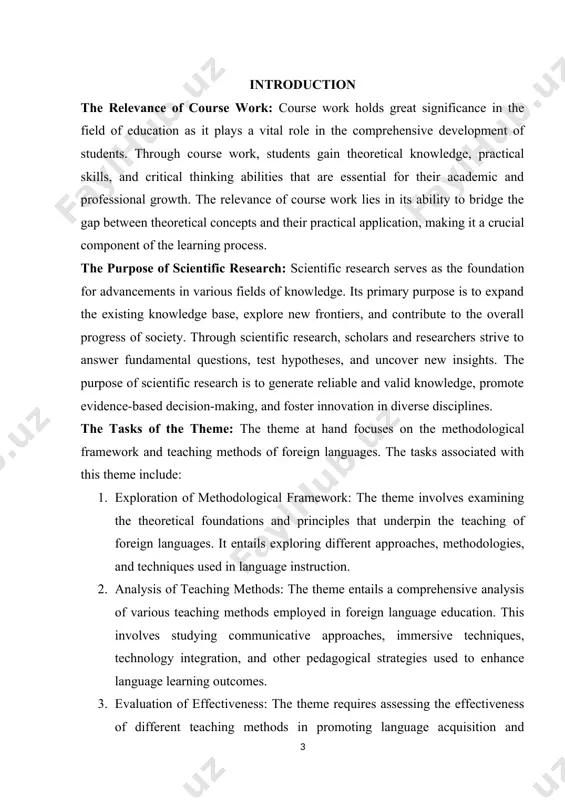 ks of the theme: the theme at hand focuses on the methodological framework and teaching methods of foreign languages. the tasks associated with this theme include: 1. exploration of methodological framework: the theme involves examining the theoretical foundations and principles that underpin the teaching of foreign languages. it entails exploring different approaches, methodologies, and techniques used in language instruction. 2. analysis of teaching methods: the theme entails a comprehensive analysis of various teaching methods employed in foreign language education. this involves studying communicative approaches, immersive techniques, technology integration, and other pedagogical strategies used to enhance language learning outcomes. 3. evaluation of effectiveness: the theme requires assessing the effectiveness of different teaching methods in promoting language acquisition and proficiency. this involves examining empirical studies, analyzing data, and evaluating the impact of specific instructional approaches on learners' language skills and competencies. the theory of course paper: the theory section of the course …