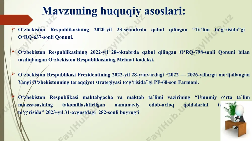 lalari ham targ‘ib qilinadi. kanadada maktab direktorlariga va o‘qituvchilarga katta ishonch bildiriladi. o‘qituvchilar mustaqil ishlash imkoniyatiga ega bo‘lib, bu pedagogik jamoada sog‘lom muhitni ta’minlaydi. pedagoglarning shaxsiy tashabbuslarini qo‘llab-quvvatlash,o‘qituvchilarning mustaqil izlanishlariga, loyiha ishlari qilishlariga sharoitlar yaratish hamda natijani doimiy rag‘batlantirib borish zarur. 3 maktablarimizda yuzaga kelgan muammolar maktab rahbari tomonidan hal qilinadi, har bir xodimning muammosi uchun maktab direktori shaxsiy mas’uliyatni o‘z zimmasiga oladi. aqshda maktabda yuzaga keladigan muammolar jamoaviy muhokama va qaror qabul qilish orqali hal qilinadi va bu holat ta’lim muassasasida ziddiyatlarning oldini oladi hamda ijtimoiy sog‘lom muhitga sharoit yaratadi. ma’naviy-ma’rifiy, psixologik xarakterdagi tadbirlarni ma’muriyat va xodimlar o‘rtasida ko‘proq o‘tkazib borish hamda o‘zaro ishonch va hamkorlik g‘oyalarining targ‘ibotini olib borish lozim. mavzuning qiyosiy tahlil etilganligi mavzu yuzasidan umumiy xulosa maktab ma’muriyati va pedagog xodimlar o‘rtasidagi ijtimoiy sog‘lom muhit - o‘zaro hurmat, rahbariyat va pedagoglar o‘rtasidagi samarali muloqot ko‘rinishida shakllanadi. maktablarda innovatsion tafakkurga ega, tashabbuskor va izlanuvchan, erkinlikka asoslangan mas’uliyatli …