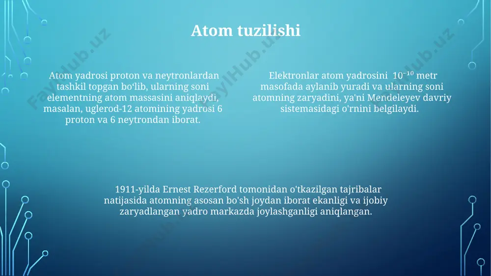 arbon-14 ning yarim yemirilish davri 5730 yilni, uran-238 esa 4,5 milliard yilni tashkil etadi. fransiyaning la hague shahridagi radioaktiv chiqindilarni qayta ishlash zavodi yiliga minglab tonna ishlatilgan yadro yoqilg'isini qayta ishlash bilan shug'ullanadi, bu jarayon murakkab va xavfsizlik choralarini talab qiladi. chernobil aesidagi 1986 yildagi portlash natijasida 50 tonnadan ortiq radioaktiv moddalar atrof muhitga tarqalib, 30 kilometrlik radiusdagi hududni ifloslantirdi. yadro energiyasi uran-235 izotopining yadro bo'linishi reaksiyasi natijasida taxminan 200 mev energiya ajralib chiqadi, bu esa yadro qurollari va atom elektr stansiyalarida ishlatiladigan ulkan energiya manbai hisoblanadi. yadro energiyasi yordamida rossiyaning obninsk shahrida dunyodagi birinchi atom elektr stansiyasi 1954-yilda ishga tushirilgan bo'lib, 5 mvt elektr energiyasi ishlab chiqargan. o'zbekistonning atom energiyasi sohasidagi rivojlanishi, xususan, radioizotoplarni tibbiyot va sanoatda qo'llash bo'yicha tadqiqotlar 1960-yillardan boshlab toshkent shahrida boshlangan. radiatsiya ta'siri radioaktiv nurlanishning uzun muddatli ta'siri, masalan, 10-20 yildan keyin leykemiya va boshqa saraton kasalliklarining paydo bo'lish xavfini oshirishi mumkin, bu esa buyuk …