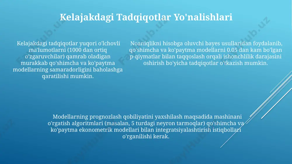 taqil o'zgaruvchi va 1 ta bog'liq o'zgaruvchi kirsa, va ular o'rtasidagi munosabat ko'paytma bo'lsa, unda model parametrlarini aniqlash uchun logarifmik transformatsiyadan foydalanish mumkin. ko'paytma model misoli sifatida, ish haqi darajasi va ish vaqti o'rtasidagi bog'liqlikni ko'rib chiqish mumkin; ish haqi 2 barobar oshganda, ish vaqti 1,5 barobarga kamayishi mumkin. qo'shma va ko'paytma modellarni taqqoslash ko'paytma modellarning afzalligi – o'zgaruvchilar o'rtasidagi sinergetik effektlarni hisobga olish imkoniyati, lekin ularning ba'zi parametrlarini taxmin qilish murakkabroq, r-kvadrat ko'rsatkichi pastroq bo'lishi mumkin. agar ma'lumotlarning tarqalishi qo'shma modelga mos kelmasa, ko'paytma model yaxshiroq natijalar berishi mumkin; masalan, agar o'zgaruvchilar o'rtasida kuchli no-lineer bog'liqlik kuzatilsa, log-log yondashuv samarali bo'ladi. qo'shma modellarda o'zgaruvchilarning ta'siri lineer bo'ladi, ko'paytma modellarda esa o'zgaruvchilar o'rtasidagi ta'sir o'zaro bog'liq va ko'pincha 0.5 dan 2 gacha bo'lgan koeffitsiyentlar bilan ifodalanadi. e'tiboringiz uchun rahmat @taqdimot_robot
