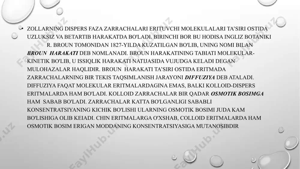 htirish – kondensatsion ,molekula va ionlarni birlashtirib kolloid zarracha o’lchamlariga yetkazish yoki agregatkar hosil qilish kolloid eritmalarni tozalashda quyidagi usullardan foydalaniladi 1 dializ usuli 2 elektrodializ 3 kompensatsion dializ va vividializ 4 ultrafiltratsiya usuli dializ dializ (yun. dialysis — ajratish) — kolloid sistemalar va yuqori molekulali birikmalarning eritmalari tarkibidagi kuyi molekulali moddalarni yarimoʻtkazgich membranalar (kichik molekula va ionlarni oʻtkazib, kolloid zarrachalar hamda ionlarni va makromolekulalarni ushlab qoladigan pardalar) yordamida yoʻqotish. diffuziya qonunlariga asoslangan. dializatorlarda olib boriladi dializni qo’llash dializatorlarda olib boriladi. oddiy dializator distillangan suv saqlanadigan idish (3) va suvga botib turadigan shisha silindr (1) dan iborat. shisha silindrning ogʻzi ochiq boʻlib, tubi parda — membrana (2) bilan toʻsilgan. silindrga tozalanadigan kolloid eritma quyiladi. idishdagi suv silindr devorlarini yuvib, muttasil oqib turadi. kolloid eritmaning ion va mole-kulalari silindr tagidagi pardadan oʻtib, suvning ion va molekulalari bilan almashinadi. bu jarayon juda sekin oʻtadi. ionlarning diffuziyalanish jarayonini elektr maydon taʼsirida tezlashtirish mumkin. …