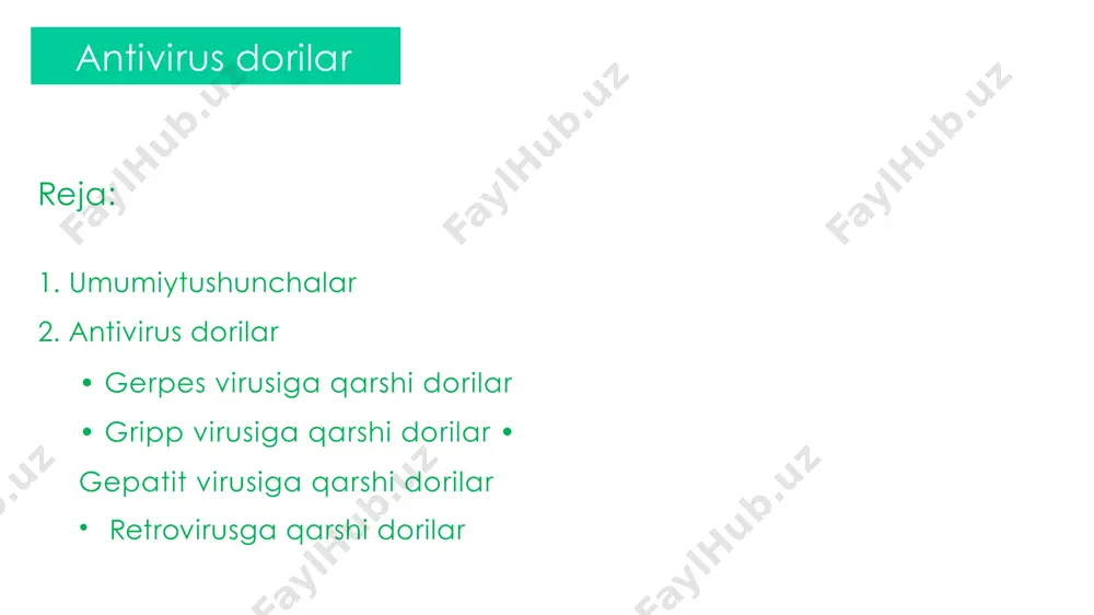 hqi qoplama – virusning asosiy antigenlari joylashgan – ular: • gemaglutinin (h) turlari 1. grippvirusia • • • – gonkong grippi (h n ) – cho’chqa grippi (h n ) odamlarda, qushlarda, cho’chqalar, otlarva boshqa hayvonlarda kasallik keltirib chiqaradi tashqi qobiqdagi gemaglutinin va neyrominidazaga qarab turli subtiplari yoki shtammlari mavjud masalan: – – ispan grippi (h1n1) parranda grippi (h n ) 3 2 1 1 5 1 3. grippvirusic 2. grippvirusib • odamlardayengilrespirator infeksion kasalliklarini keltirib chiqaradi faqat odamlarda kasallik keltirib chiqaradi mavsumga bog’liq holatda bolalar va o’smirlarda kasallik chaqiradi (qishoylarida) • • vakillari 1. m2virus oqsiliingibitorlari 3. boshqadorilar 2. viruslineyrominidazaingibitorlari • • • • • • • ribavirin arbidol oksolin rimantadin amantadin zanamivir (relenza) oseltamivir (tamiflu) i. m2virus oqsiliingibitorlari vakillari rimantadin amantadin bu dorilargrippvirusia ningtashqiqoplamasidagi m2oqsilini(proton kanali) bloklaydi odatdabuoqsilvirus ichigah+ionikirishini ta’minlaydi. natijadavirusnitashqiqoplamiochiladi va virusning genetik materiali hujayra sioplazmasiga chiqadi sitoplazmadavirus o’ziniko’paytiradi bundantashqaribudorilarparkinson kasalligida ham qo’llaniladi ta’sir mexanizmi • • …