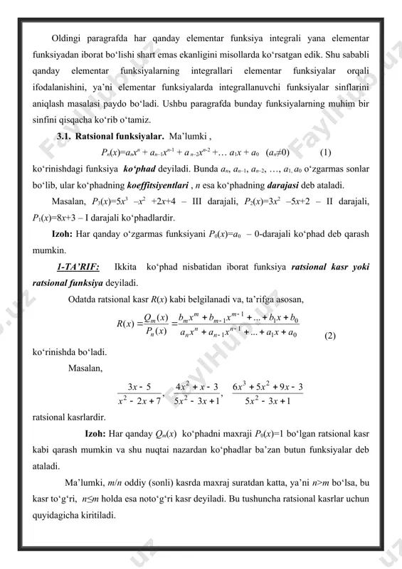 abi ifodalash mumkin. xuddi shunday tasdiq noto‘g‘ri ratsional kasrlar uchun ham o‘rinli bo‘ladi, ya’ni ular uchun ushbu tenglikni hosil qilish mumkin: . (3) bunda lm–n(x) va gr(x) ko‘rsatilgan tartibli ko‘phadlar bo‘ladi. demak, har doim noto‘g‘ri ratsional kasrni ko‘phad (butun funksiya) va to‘g‘ri ratsional kasr yig‘indisi kabi ifodalash mumkin. masalan, noto‘g‘ri ratsional kasr suratini maxrajiga ustun usulida bo‘lib, uni ko‘rinishga keltira olamiz. har qanday ko‘phad darajali funksiyalarning algebraik yig‘indisi sifatida oson integrallamadi va uning integrali yana ko‘phaddan iborat, ya’ni elementar funksiya bo‘ladi. demak, (3) tenglikka asosan, har qanday ratsional kasrni integrallash masalasi to‘g‘ri ratsional kasrni integrallash masalasiga olib keladi. shu sababli kelgusida faqat to‘g‘ri ratsional kasrlarni integrallash bilan shug‘ullanamiz. 3.2. eng sodda ratsional funksiyalar va ularni integrallash. quyidagi ko‘rinishdagi to‘g‘ri ratsional kasrlarni qaraymiz: i. , ii. , iii. , iv. . bunda a, b, a, p, q–haqiqiy sonlar, k=2,3,4, .... , va x2+px+q kvadrat uchhad haqiqiy ildizlarga ega emas, ya’ni uning …