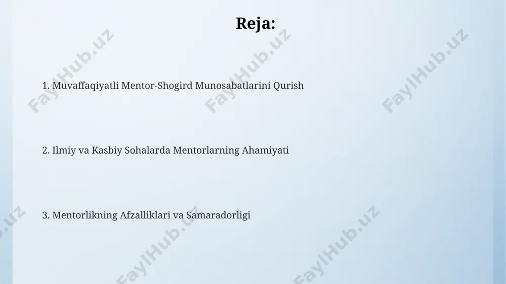 5 yillik uzoq muddatli mentorlik loyihasi ishlab chiqarish samaradorligini 40% ga oshirdi va 1000 dan ortiq ishchining malakasini oshirdi. to’siqlar va muammolar ilmiy rahbarlarning 70% dan ortig'i toshkentdagi oliy o'quv yurtlarida 10 yildan ortiq tajribaga ega bo'lib, yosh olimlar uchun muhim maslahatlar beradi, ammo ularning vaqti cheklangan. 2023-yilgi hisobotlarga ko'ra, 5 dan ortiq ilmiy sohada mentorlik dasturlarining samaradorligi 85% ga yetgan, biroq samarqand kabi mintaqalarda ushbu dasturlar kam rivojlangan. markaziy osiyo mamlakatlarida 30% dan ortiq yosh tadqiqotchilar malakali rahbar topishda qiyinchiliklarga duch kelishadi, bu esa ilmiy loyihalarning samaradorligiga ta'sir qiladi. mentorlikning turli uslublari mentorlikning 3 ta asosiy uslubi mavjud: direktiv (ko'rsatma beruvchi), qo'llab-quvvatlovchi (maslahat beruvchi) va hamkorlik (tengdosh) uslublari. masalan, 5 yillik tajribaga ega mutaxassis yosh olimlarga ko'proq direktiv uslubni qo'llashlari mumkin. yevropaning ba'zi mamlakatlarida, masalan, germaniyada, mentorlarning 40%i o'z shogirdlarini mustaqil tadqiqotlar olib borishga va ilmiy nashrlarda ishtirok etishga yo'naltirib, hamkorlik uslubini afzal ko'rishadi. qo'shma shtatlardagi tadqiqotlar shuni ko'rsatdiki, …