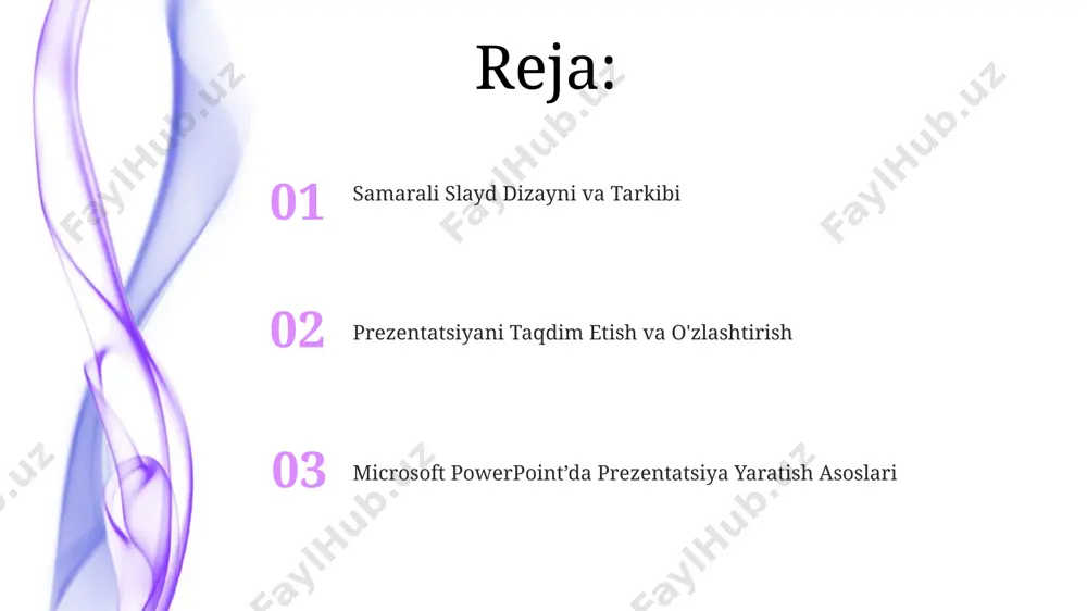 turdagi effektlarni qo'llashingiz mumkin: kirish, chiqish va urg'u effektlarini, bu sizning taqdimotingizni yanada jozibador qiladi. taqdimotni dizaynlash taqdimotda aniq va tushunarli sarlavhalardan foydalaning, ular asosiy gʻoyani aks ettirishi va oʻquvchining eʼtiborini jalb qilishi kerak. bullet pointlardan samarali foydalanib, 3-5 ta asosiy fikrni taʼkidlang. animatsiya va oʻtish effektlarini meʼyorda qoʻllang. haddimdan ortiq effektlar taqdimotni bezovta qilishi va asosiy maʼlumotlardan chalgʻitishi mumkin, ideal holatda 2-3 xil effekt yetarli. taqdimotning vizual uslubini tanlashda 3 dan ortiq rang sxemasidan foydalanmaslik, matn hajmini 24-36 punkt oraligʻida saqlash va har bir slaydga 7 dan ortiq element qoʻshmaslik tavsiya etiladi. taqdimotni saqlash va eksport qilish powerpoint taqdimotini .pptx formatida saqlash standart hisoblanadi, lekin uni .pdf, .jpg yoki .png kabi 15 dan ortiq turli formatlarda eksport qilish imkoniyati mavjud. taqdimotni yuqori sifatli rasmlar bilan eksport qilish uchun "eksport qilish" parametrlarida 300 dpi yoki undan yuqori piksel zichligini tanlash tavsiya etiladi. powerpoint fayllarini shifrlash orqali himoya qilish va ulardan …