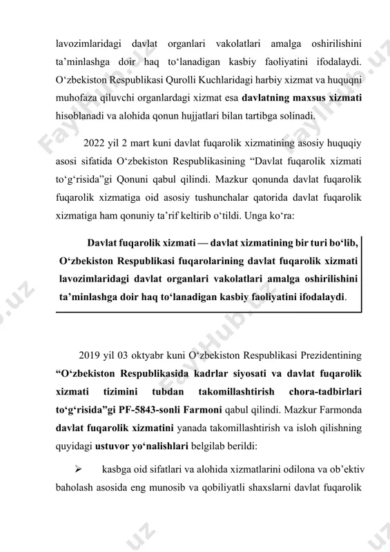 da tutuvchi davlat fuqarolik xizmatining «kar’yera modeli»ni joriy etish; · nomzodning barcha fazilatlari va ustunliklarini, shu jumladan uning ma’naviy-axloqiy va vatanparvarlik sifatlarini ob’ektiv baholash imkonini beradigan ochiq mustaqil saralab olish asosida davlat fuqarolik xizmatiga qabul qilish; · davlat organi va tashkiloti darajasidan (respublika, viloyat, tuman va shahar), xodimning malaka martabasi (darajasi) va shaxsiy hissasidan kelib chiqqan holda ish haqini belgilashga nisbatan unifikatsiyalashtirilgan talablar o‘rnatilishini nazarda tutuvchi davlat fuqarolik xizmatchilari mehnatiga haq to‘lashning yagona tizimini joriy etish; · milliy, respublika, tarmoq va hududiy darajalarda professional tayyorlangan samarali kadrlar zaxirasini shakllantirish, davlat fuqarolik xizmatiga eng malakali nomzodlarni saralab olish uchun xususiy bandlik agentliklarini faol jalb etish va zamonaviy autsorsing shakllaridan foydalanish; · davlat organlari va tashkilotlarida xodimlarni boshqarishda va inson resurslarini rivojlantirish sohasida zamonaviy axborot-kommunikatsiya texnologiyalarini joriy etish; · davlat fuqarolik xizmatchilariga ijtimoiy kafolatlar, shuningdek, ularni o‘z kasb mahoratini va faoliyat samaradorligini oshirish uchun rag‘batlantirish va qo‘llab-quvvatlashning samarali tizimini joriy etish. 3. …