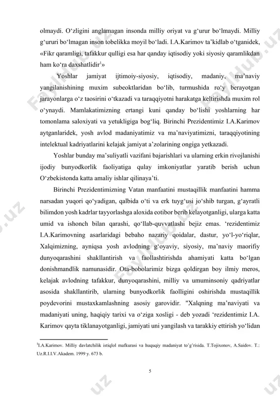 iradi. i.bob. musiqa madaniyati tarixi va uning inson hayotidagi o‘rni. i.1. yosh avlod ongiga milliy istiqlol g‘oyasini singdirish. o‘zbek xalqining musiqa madaniyati juda uzoq tarixga ega. tarixiy taraqqiyot davomida xalq mumtoz musiqasi, an’anaviy kasbiy musiqa, xalq bastakorlik yo‘llari, shuningdek, folpklor - havaskorlik musiqiy merosi singari shaklan va usluban bir-biriga yaqin ijrochilik ko‘rinishlari bir-birini to‘ldirib keldi. ushbu musiqiy merosimiz bugungi kunimizda ham ma’naviy madaniyatimizning bir bo‘lagi sifatida namoyon bo‘lmoqda. mustaqillik sharofati bilan milliy-ma’naviy qadriyatlarimizga, urf-odatlarimizga, unutilayozgan, tarixan qadrli an’analarimizga bo‘lgan e’tibor, ularni yangidan isloh etish jarayoni ustuvor yo‘nalish kasb etdi. milliy qadriyatlarimiz, urf-odatlarimiz, ma’naviy boyligimizga bo‘lgan ehtibor davlat miqyosiga ko‘tarildi. mustaqillikning dastlabki yillaridanoq ota-bobolarimizdan, ajdodlarimizdan qolgan ma’naviy boyliklarni, jumladan, musiqiy madaniyatni avaylab asrash, tiklash borasida, qolaversa, zamon bilan hamohang qadam tashlash borasida talaygina ishlar qilindi. bu borada o‘tgan ajdodlarimiz bizlarga meros qilib qoldirib ketgan ulkan ma’naviy boyligimiz asosiy omil bo‘lib xizmat qilmoqda. tarixdan ma’lum, ma'naviyatimizning asosiy bo‘g‘ini bo‘lgan musiqiy madaniyatimiz, an’anaviy …