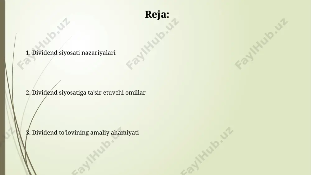 end siyosati kompaniyaning qiymatiga ta'sir qilmaydi, chunki investorlar 0 transactional xarajatga ega. keyinchalik, "qush qo'lda" nazariyasi dividendni olishning noaniqligiga qarshi kafolat sifatida ko'radi. investorlar dividendni 1 dollardan kelajakdagi kapital o'sishiga nisbatan afzal ko'radilar. xulosa va muhokama xulosa va muhokama tadqiqot natijalari shuni ko'rsatdiki, dividend siyosati va kompaniyaning daromadlilig'i o'rtasida 0.75 darajasidagi korrelyatsiya mavjud. bu dividendlar to'lash kompaniyaning 10 foizlik daromad o'sishini anglatadi. e'tiboringiz uchun rahmat @taqdimot_robot image1.jpg image2.jpg image3.jpg image4.jpg image5.jpg image6.jpg image7.jpg