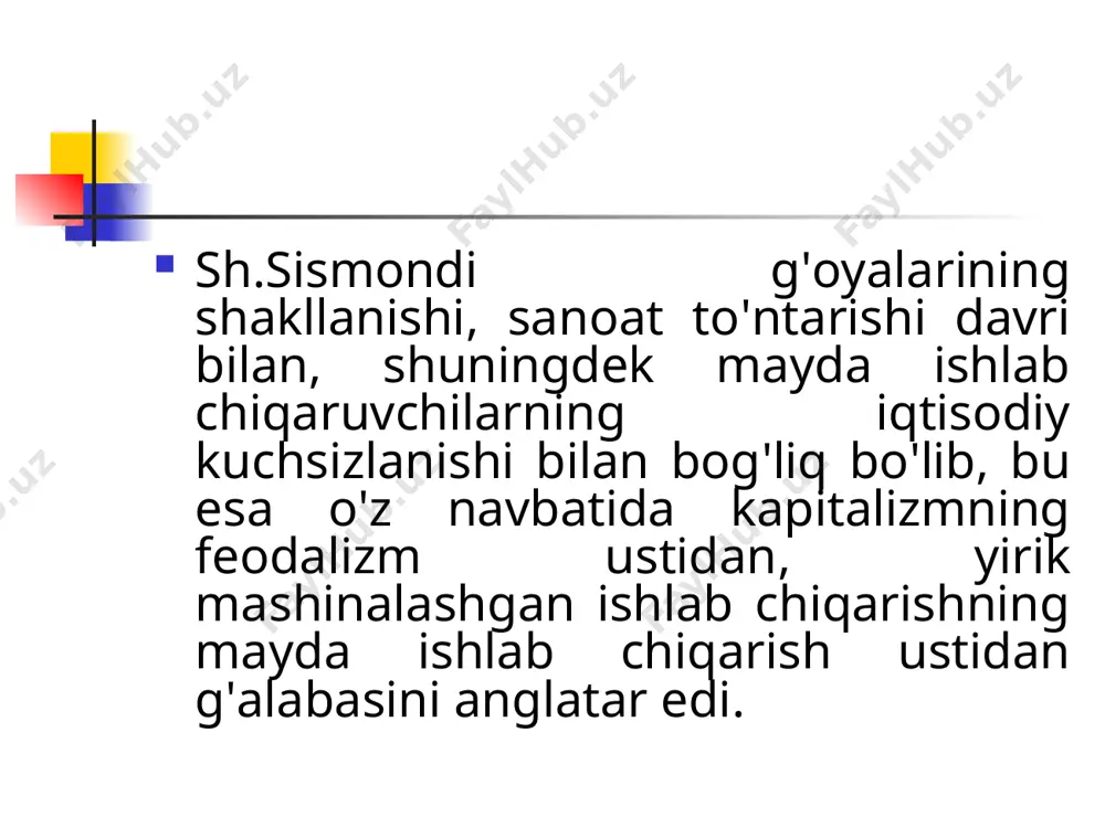 yirboshlash qiymati esa taklif va mo'l-ko'lchilik bilan belgilanadi. talab bilan taklif o'rtasidagi kurashda tovarning qiymati yoki narxi belgilanadi. nazariy jihatdan olganda bu haddan tashqari vulgar konstruksiyadir: qiymat ayirboshlashda vujudga keladi, u ob'ektiv asosdan mahrum. u ish haqining harakati qonuniyatlarini ham oddiy va g'ayriilmiy pozisiyalardan turib bayon etadi. prudon ishchilarning ish haqini oshirish uchun kurashiga qarshi chiqadi, chunki bu narsa narx-navoning yoppasiga ko'tarilishiga yoki muhtojlikning kuchayishiga olib borar emish. k.rodbertusning iqtisodiy g'oyalari karl iogann rodbertus-yagesov (1805-1875) germaniyada, shimoliy greyfsvoldda 1805 yilda tug'ildi. gettingem va berlin universitetlarida huquqdan tahsil olib, shu mutaxassislik bo'yicha ma'lum vaqt ishladi. burjua demokratik revolyusiyasi yillarida parlament a'zosi, keyinchalik vazir (ministr) lavozimlarida faoliyat ko'rsatdi. k.rodbertus germaniya mayda burjua iqtisodiy ta'limoti vakili bo'lib, sen-simon va sosialist-rikardochilar g'oyalari ta'sirida edi. 1842 yilda k.rodbertus «davlat-xo'jalik tizimimizni bilish yo'lida» deb nomlangan kitobini nashrdan chiqardi. uning asarlari «sosial xatlar» shaklida yozilgan. u aynan shu kitobida qo'shimcha qiymat nazariyasini ko'rsatib o'tdi. u o'z fikrlarini …