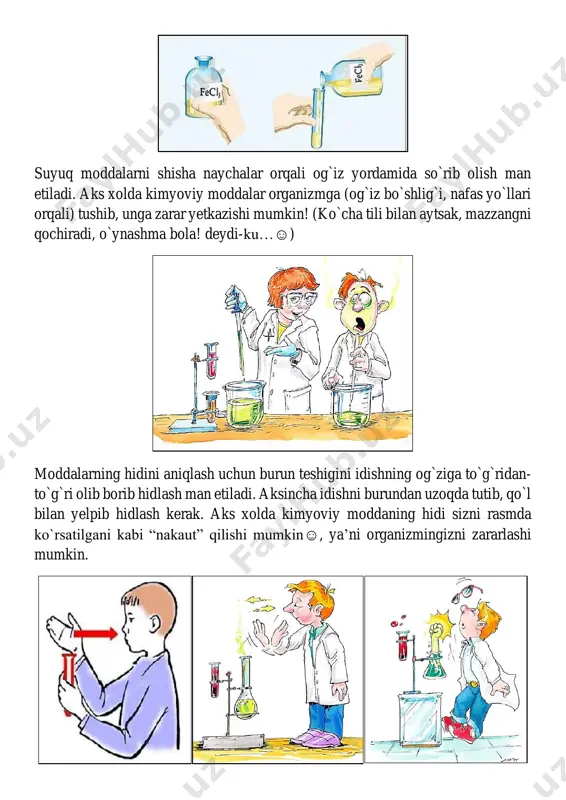 o`lishi☺. 16. ehtiyotsizlik natijasida kiyim-kechaklarga, ko`zga, teriga zarar va jarohat yetkazish mumkin. shuning uchun nojo`ya harakatlar qilmaslik, moddalar bilan hazillashmaslik lozim. 17. tajribalar tugagach, gaz, elektr va suv tarmoqlarini berkitish, asboblarni o`chirish kerak. 18. ish joyining doimo toza va ozoda saqlanishini ta’minlash lozim. 94 – §. kimyo laboratoriyasida ishlatiladigan qurulmalar, idishlar bilan tanishish va ularni ishlatish qoidalari kimyo laboratoriyasini shtativsiz ta’savvur etish biroz mushkul bo`lar edi. chunki, laboratoriya shtativi labaratoriya ishlarida yaqin ko`makchi bo`lib xizmat qiladi. laboratoriya shtativi 2 qismdan tashkil (1-og`ir taglik, 2-metall o`zak) topgandir. quyidagi rasmda siz laboratoriya shtativi va uning qo`shimcha jixozlarini ko`rishingiz mumkin. laboratoriya shtativining o`zak qismiga qisgichlar yordamida turli qo`shimcha moslamalar o`rnatiladi. bu moslamalar turli hil vazifalarni bajaradi. laboratoriya shtativini o`tkazilayotgan tajribadan kelib chiqib, turlicha holatga moslashtirish mumkin. chunki, moslamalar o`zak bo`ylab yuqoriga va pastga harakat qilishi yoki olib qo`yilishi, maqsadga ko`ra istagancha miqdorda o`rnatilishi mumkin. mahkamlash yoki bo`shatish qisqichdagi vint yordamida amalga oshiriladi. laboratoriya …