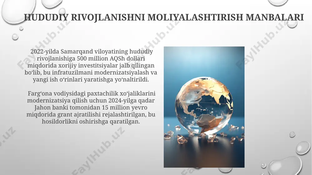dan biri – kichik va o'rta biznes sub'ektlariga soliq yukini 20% ga kamaytirish orqali ularning faoliyatini rag'batlantirish hisoblanadi. hududiy iqtisodiy siyosatning maqsadlari va vazifalari surxondaryo viloyatida 5 ta yangi sanoat zonasini yaratish orqali 10 000 dan ortiq yangi ish o'rinlari yaratish va infratuzilmani rivojlantirish rejalashtirilgan. hududiy iqtisodiy siyosatning asosiy maqsadlaridan biri – 2025 yilgacha samarqand viloyatida yalpi ichki mahsulotni 15% ga oshirish orqali aholining turmush darajasini yaxshilashdir. hududiy moliyaviy va iqtisodiy siyosatning samaradorligini baholash qashqadaryo viloyatida kichik biznes sub’ektlarining soni 15% ga oshgan, bu hududiy iqtisodiy siyosatning tadbirkorlikni rivojlantirishga bo'lgan ta’sirini aks ettiradi. 2022-yilgi ma’lumotlarga ko'ra, samarqand viloyatining yalpi ichki mahsuloti o'sish sur’ati 5% ni tashkil etgan bo'lib, bu hududiy iqtisodiy siyosatning samaradorligini baholashda muhim ko'rsatkich hisoblanadi. hududiy infratuzilmani rivojlantirish самарқанд вилоятида 2022-2024 йилларда амалга оширилаётган сув таъминоти лойиҳалари 500 минг аҳолига тоза ичимлик суви билан таъминлашни таъминлайди ва 30% га сув йўқотишларни камайтиради. 2023-йилда тошкент шаҳрида йўл инфратузилмасини ривожлантиришга …