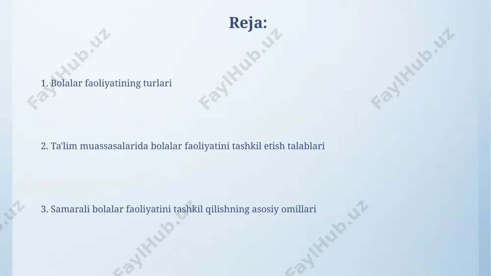 otlarini oʻtkazish uchun kamida 2 ta sport maydonchasi yoki maxsus jihozlangan zal, shuningdek, talabalar soniga mos keladigan sport inventarlari mavjud boʻlishi kerak. ijodiy faoliyatni tashkil etish talablari har bir ijodkorlik faoliyatida ishtirokchilar soni 10-15 kishidan oshmasligi va ularning yosh xususiyatlarini hisobga olgan holda materiallar tanlash lozim. ijodkorlikni rag‘batlantirish uchun kamida 3 xil ijodkorlik faoliyatini (rasm chizish, qo‘l mehnati, musiqa) o‘tkazish va har bir faoliyatga kamida 15 daqiqa vaqt ajratish kerak. o'yin faoliyatini tashkil etish talablari o'yin faoliyatini tashkil qilishda bolalarning yosh xususiyatlari va rivojlanish darajalarini hisobga olish, kamida 3 ta turdagi o'yinlarni (didaktik, harakatli, rollar o'yini) qo'llash majburiydir. o'yin maydonchasi xavfsizligi talablariga rioya qilish, shuningdek, kamida 2 nafar tarbiyachi yoki o'qituvchining nazorati ostida kamida 15 nafar bolaga o'yin faoliyatini tashkil etish kerak. ta'lim muassasalarida bolalar faoliyatini tashkil etishning umumiy talablari har bir faoliyat uchun aniq maqsad, vazifalar, davomiyligi (15-45 daqiqa) va baholash mezonlari belgilangan reja tuzilishi kerak. ta'lim muassasalarida bolalar …