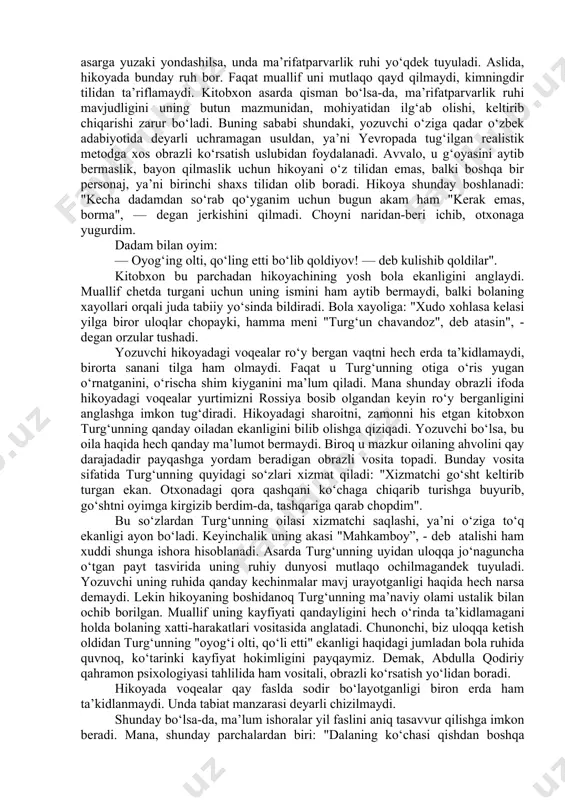 deyarli uchramaydi. bunga iqror bo‘lmoq uchun hamza hakimzoda niyoziyning "yangi saodat" deb atalgan "milliy ro‘mon"ini eslash kifoya. undagi asosiy qahramonlardan abduqahhor o‘qimaganligi va ichkilikka berilishi oqibatida oilasini tashlab, qovoqxonalarda sarsonu sargardon bo‘lib yuradi. uning xotini maryamxon esa erining ayanchli ahvolidan to‘g‘ri xulosa chiqargan holda qanday qilib bo‘lsa-da, o‘g‘li olimjonga yaxshi bilim berishga erishadi. bilimli va aqlli bo‘lgani uchun olimjon boy qiziga uylanib, baxtli hayotga erishadi va qovoqxonalardan otasini topib keladi hamda butun oilaning saodat yo‘liga chiqishiga sababchi bo‘ladi. ko‘rinadiki, asardagi deyarli barcha voqealar bilimli odam baxtga erishuvi haqidagi g‘oyani illustrasiya qilishga bo‘ysundirilgan. bu ham еtmagandek, asardagi deyarli barcha qahramonlar, xususan, maryamxon, muallim va olimjon ma’rifatning foydasi to‘g‘risidagi so‘zlarni, muallif g‘oyasini qayta-qayta jar solib takrorlayveradilar. shu tariqa illustrativlik va deklorativlik oqibatida "yangi saodat" "milliy ro‘mon" deb atalgan bo‘lsa-da, bu janrning embrional shakli darajasidan yuqoriga ko‘tarila olmagan. yangi o‘zbek adabiyotining shakllanish davrida ilohiyotdan dunyoviylik tomon burilish yana shunda ko‘ringan ediki, unda ba’zi …