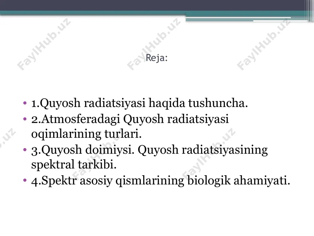 a oladi va shuning uchun u uzoq vaqt ta'sirida terimizni kuydiradi) va u chiqaradigan qolgan qismi infraqizil nurlanish bo'lib, uni inson ko'zi sezmaydi. shuning uchun biz tanamiz chiqaradigan nurlanishni idrok eta olmaymiz. inson tanasi taxminan 37 daraja selsiyda va u chiqaradigan nurlanish infraqizil nurida. atmosferadagi nurlanish oqimlari turlari yer yuzida va atmosferada ro‘y beradigan barcha tabiiy jarayonlarning asosiy manbai erga tushadigan quyosh nurlanishi energiyasidir. quyoshdan yerrga tushadigan nurlanish oqimi energiyasini quyosh radiatsiyasi deb ataladi. yer yuziga tushgan nurlanish energiyasining ma’lum qismi qaytadi, qolgan qismi esa tuproqning ustki qatlamida yutilib, uni isitadi. quyosh erdan o‘rtacha 149,5 mln.km masofadagi gazli olovli shardan tashkil topgan. uning massasi er massasidan 333000 marta katta bo‘lib, 1,98·1030 kg ga teng. quyosh radiusi ernikidan 109 marta katta va 696000 km ga teng. quyoshning markaziy qismida harorat bir necha million gradusgacha etganligidan vodorodning geliyga aylanish termoyadro reaksiyasi ro‘y beradi. quyosh har sekund davomida fazoga 3,71·1026 j energiya sochadi, …
