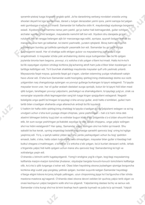 n hech qachon yolchitib meva qilmaydigan jiyda daraxtini yoqtirardi. olcha daraxtining tanasi keksalarga xos g‘adir-budir, sershox, sermeva edi. jiyda esa bahor paytlari butun shaharni o‘zining hidi bilan to‘ydirardi. samandar derazadan ko‘rinayotgan olcha daraxtining narigi betdagi osmonga tutashib ketgan yuqori qismidagi barglarining sarg‘aya boshlaganini ko‘rdi. shohda barglar qator tizilgandi va samandarga yaqin bo‘lgani uchun osmonni tilimlab turgan dastasiz xanjarga, barglari esa osmon sahnida ulkan moviy ko‘lga bir-birining tumshug‘idan bog‘lab, qator terib qo‘yilgan kichkina qayiqchalarga o‘xshardi. bu hozir samandarga boshi og‘rib turgani uchun yoqimli manzaradek bo‘lib tuyuldi. hatto barglarning qayiqchalarga o‘xshashini kashf etganidan xursand bo‘lib ketdi. barglarning xuddi dengiz to‘lqinida sollanib turgan qayiqlardek tebranib turganini va osmonning juda ham moviy, bog‘ning bo‘m-bo‘sh, daraxtlarning sukutda ekani bir zum juda noyob go‘zallikday bo‘lib tuyuldi. hozir samandarning qulog‘iga nariroqdagi katta yo‘ldan tramvay va trolleybuslarning taqa-tuqlab yoki guvillagancha o‘tib borayotgani ham, mashinalarning signali ham, bolalar bog‘chasidan kelayotgan shovqini ham kirmasdi: u hozir mana shu noyob go‘zallikni …