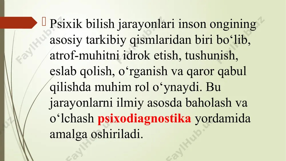 iqqat diagnostikasi insonning quyidagi jihatlarini o‘rganishga yordam beradi: ✅ o‘quv jarayoni samaradorligi ✅ ish faoliyatidagi diqqat va kontsentratsiya darajasi ✅ nevrologik va psixologik muammolarni aniqlash ✅ charchash va stressning ta’siri ✅ bolalar va kattalarda diqqat buzilishlarini tashxislash (masalan, dehb – diqqat yetishmovchiligi va giperaktivlik buzilishi) 2.3. xotira diagnostikasi xotira – insonning ma’lumotlarni eslab qolish, saqlash va esga tushirish qobiliyatidir. xotirani baholash uchun quyidagi metodlar ishlatiladi: 🔹 ebbinghaus xotira testi – besh harfdan iborat so‘zlarni eslab qolish va qayta tiklash. 🔹 luria 10-so‘zli testi – insonning ma’lumotni qisqa muddatli eslab qolish qobiliyatini tekshirish. 🔹 piktogramma usuli – xotirani vizual obrazlar orqali baholash. 📊 xotira diagnostikasi quyidagi hollarda qo‘llaniladi: ✔ o‘quvchilar va talabalar uchun – o‘rganish qobiliyatini baholash ✔ ishchilar va mutaxassislar uchun – diqqat va xotira samaradorligini tekshirish ✔ keksalar uchun – altsgeymer va boshqa nevrologik kasalliklarni erta aniqlash ✔ bolalar uchun – xotira rivojlanishining holatini tekshirish xotira buzilishlari stress, uyqusizlik, …
