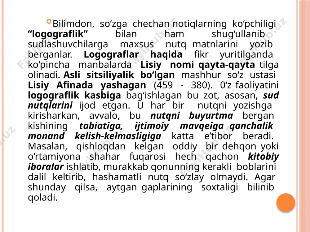 or qaratilgan. olimning fikricha, notiq tilidagi turli “qorishmalar”, ya’ni so‘zlarning noto‘g‘ri va noo‘rin talaffiiz qilinishi, jumlalarning mantiqan har xil tuzilishi so‘zlovchining katta xatosidir. aristotel har bir jumlaning asosiy fikrni ifoda etishga qaratilishi lozimligini, tinglovchi tushunadigan darajada sodda va ravon bo‘lishini talab etadi. u notiqning hissiyot bilan so‘zlashi mulohaza yuritayotgan fikrini tinglovchi qalbiga tez yetishida muhim omil bo‘lishini alohida ta’kidlaydi. shuningdek, aristotel notiqning auditori y’ani o‘ziga jalb etishi uchun turli hazil-mutoyiba so‘zlar bilan lirik chekinish qilib tinglovchilarni hayajonlantira bilishi zarurligini, agar turli ko‘rgazmali qurollardan foydalansa, har xil sifatlash, chog‘ishtirish va metaforalarni qo‘llasa, nutqining ta’sirchanligi yanada oshishini uqtirib o‘tadi. aristotel notiqlik san’atini egallash uchun quyida keltirilgan beshta vazifani mukammal bajarishni tavsiya etadi: 1. nutq matnini kashf qilish. ya’ni og‘zaki ijro qilinadigan nutq matnini har tomondan chuqur o‘rganib chiqish. 2. nutq matnini mantiqan va mazmunan to‘g‘ri rejalashtirish. 3. matnni to‘liq eslab qolish. 4. matnni so‘z yordamida to‘g‘ri aks ettirish. 5. nutq matnidagi so‘zlarni …
