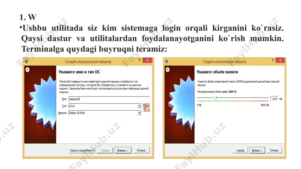). sda1, sda4, sda5, sda6: bu bo‘limlar faol emas, yozish/o‘qish ishlari yo‘q. sda7: 1% band, 52 kb/s yozish ishlari amalga oshirilmoqda. umumiy hisobda: 0 mb/s o‘qish, 0.1 mb/s yozish amalga oshirilmoqda, har soniyada 2 ta tranzaksiya bor. ncdu ncdu - konsolli utilita ncurses panelli, du asosida ishlovchi. bu utilita orqali doimiy diskni nazorat qilinadi. kataloglarni ko`rish mumkin. ubuntu da ushbu buyruq orqali o`rnatish mumkin: $ sudo apt-get install ncdu terminal orqali buyruqni tering: $ ncdu (ushbu buyruqning terminaldagi ko`rinishi). tafsilotlar: "scanning..." – joriy jarayon fayllarni tekshirish (skanerlash) ishlarini bajarayotganini bildiradi. total items: 104480 – jami 104480 ta fayl skanerdan o‘tmoqda. size: 851.6mb – skaner qilinayotgan fayllarning umumiy hajmi 851.6 mb. current item: /usr/share/doc/python-idna/changelog.debian.gz – ayni vaqtda skanerlanayotgan fayl python-idna deb nomlangan paketning debian uchun o‘zgarishlar tarixini (changelog) o‘z ichiga olgan siqilgan (.gz) hujjati. "press q to abort" – foydalanuvchi q tugmachasini bosish orqali jarayonni bekor qilishi mumkin. dasturning ko`rinishi: (ushbu …