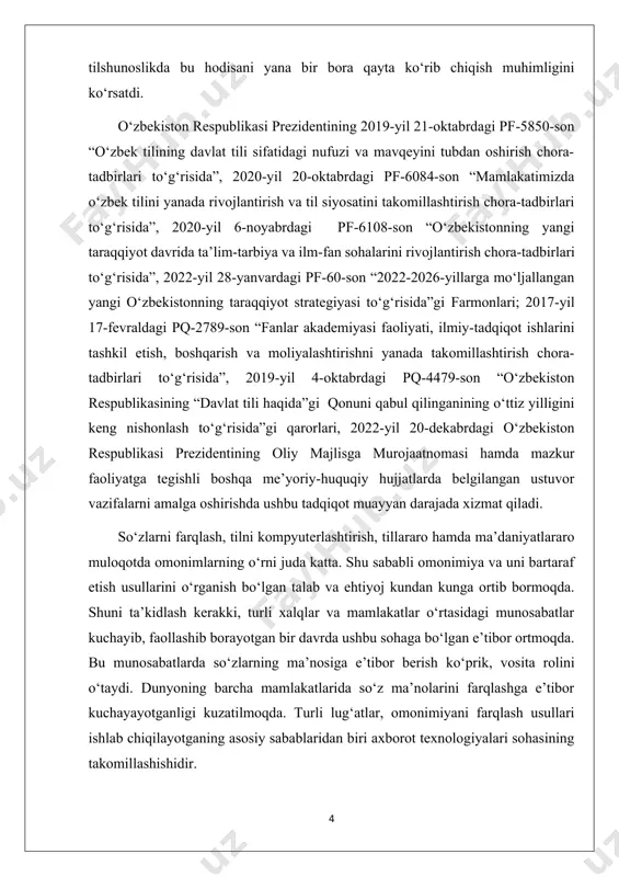 nilib kelinayotgan bo‘lsa-da, mustaqillikdan keyin yangi planda tadqiq qilish boshlandi. endilikda omonimlarni farqlash usullari nafaqat kundalik muloqotda, balki tabiiy tillarni qayta ishlashda ham muhim ahamiyat kasb etdi. yangicha yondashuvlarni abduraxmanova m, abjalova m, elov b, axmedova x kabi tilshunoslar talqinida uchratamiz. [1: ahmed mohammed ali abdul ameer. homonymy in english and arabic a contrastive study – university of babylon 2010.] [2: bradley hauer, grzegorz kondrak. one homonymy per translation - university of alberta, edmonton, canada.] tadqiqot predmeti: tilimizda mavjud omonimiyani bartaraf etish usullarini tadqiq qilish. ishning maqsadi: mazkur kurs ishining maqsadi shakldoshlikni bartaraf etishning kompyuter va tabiiy usullarini yoritib berish va uni kengroq tavsiflash. tadqiqot vazifalari: ushbu tadqiqotdan ko‘zda tutilgan maqsad quyidagicha: omonimlik hodisasiga aniqroq ta’rif berish; semantik jihatdan omonimiyani bartaraf etish yo‘llarini yoritish; sintaktik jihatdan omonimiya tahlili; o‘rganilgan vazifalar umumiy xulosasi. kurs ishi obyekti: so‘nggi yillarda tilshunoslik sohasida yaratilayotgan dissertatsiya va avtoreferatlar, oliy o‘quv yurtlari darsliklari ishning obyektini tashkil …