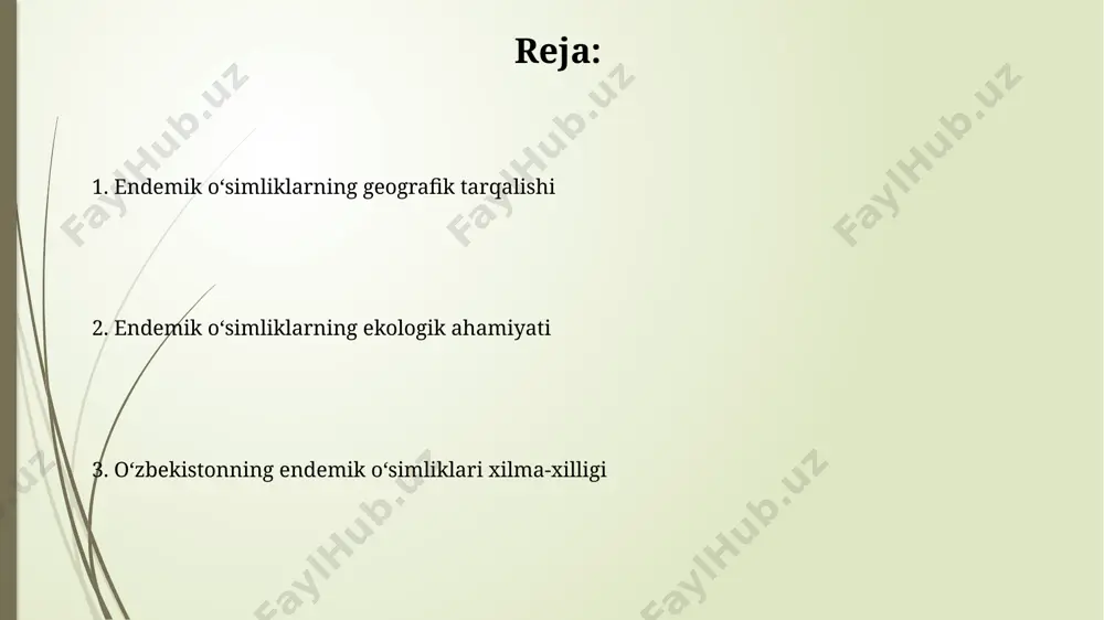 an boshlab, jumladan, qashqadaryo va surxondaryo viloyatlarida, geografik axborot tizimlari (gis) yordamida keng miqyosli endemik flora xaritalash ishlari olib borilmoqda. 1950-1980 yillar oralig'ida, qoraqalpog'iston respublikasi va farg'ona vodiysidagi ekspedisiyalar davomida, 50 ga yaqin yangi endemik o'simlik turlari kashf etilgan. kelajakdagi tadqiqotlar va istiqbollar taxminan 150 ga yaqin endemik turga ega boʻlgan toshkent viloyati togʻ tizmalarida, biotexnologiya vositalaridan foydalanib, in-vitro sharoitida koʻpaytirish va ularni tabiiy muhitga qaytarish boʻyicha istiqbolli tadqiqotlar amalga oshirilishi mumkin. uzbekistanning choʻl va dasht mintaqalarida, xususan, qoraqalpogʻiston respublikasining 10 ga yaqin hududida noyob endemik oʻsimliklarning tarqalishini aniqlash va ularning ekologik ehtiyojlarini oʻrganish lozim. oʻzbekistonning endemik florasi haqida umumiy maʼlumot oʻzbekistonning 3700 dan ortiq endemik oʻsimlik turi mavjud boʻlib, ularning aksariyati qoraqalpogʻiston respublikasi va qashqadaryo viloyatlarining togʻli hududlarida uchraydi. endemik oʻsimliklarning 20% dan ortigʻi, xususan, fergana vodiysining janubiy qismidagi noyob turlardan iborat. bu hududning noyob geologik tuzilishi va iqlim sharoiti ta'sir ko'rsatadi. endemik oʻsimliklarning iqtisodiy ahamiyati surxondaryo viloyatining togʻli …