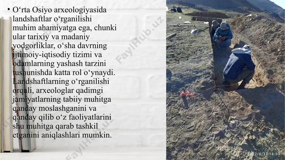 iqtisodiy faoliyati va ekologik sharoitlari chuqur o‘rganiladi. bu metodologiya arxeologik izlanishlarni zamonaviy texnologiyalar va ilmiy yo‘nalishlar bilan uyg‘unlashtirib, tarixiy haqiqatni kengroq anglash imkonini beradi. foydalanilgan adabiyotlar 1.xoshimov. a “o’rta osiyo aexelogiyasi”(1990-yil) 2.tursunov. i “o’rta osiyo va farg’ona vodiysi arxelogiyasi” 3.rahimov. m “o’rta osiyo hududida qadimiy suv inshotlari” 4.abdullayev. o. “qadimiy o’rta osiyo madaniyatlari va ularning landshafti” 5.v.a. djumakulov “geography and ecology of the a c asian “ 6.s. p. tolstov the archeology of central asia 7.david w. macdowall “landscapes and settlements in ancient central asia” image1.jpg image2.png image3.png image4.png image5.png image6.png image7.png image8.png image9.png image10.png image11.png image12.png image13.png image14.png /docprops/thumbnail.jpeg
