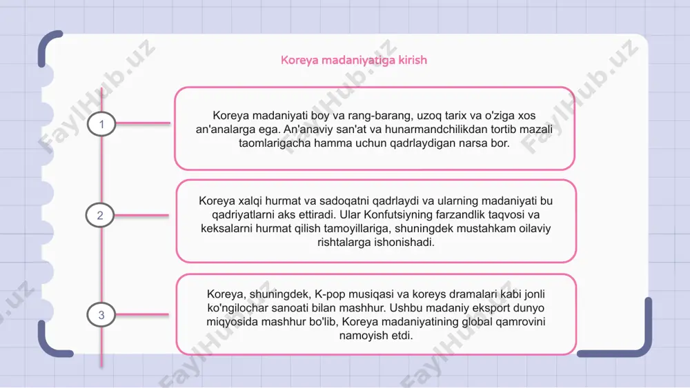 ga ega. koreya madaniyati kattalarga hurmat va kollektivizm tushunchasiga katta e'tibor beradi. koreya san'ati va hunarmandchiligi: ijodiy meros koreya sanʼati va hunarmandchiligi koreys madaniyatining muhim qismi boʻlib, boy ijod va mahorat merosini oʻzida mujassam etgan. ushbu sanʼat va hunarmandchilik koreys xalqining oʻziga xos estetika va qadriyatlarini aks ettirib, ularning goʻzallik va uygʻunlikni chuqur qadrlashini namoyon etadi. kulolchilik va kulolchilikdan tortib, an'anaviy rasmlar va xattotlikgacha, koreya san'ati va hunarmandchiligi o'zining murakkab dizayni va puxta hunarmandchiligi bilan mashhur. 1 2 3 k-pop: madaniy hodisa k-pop - so'nggi yillarda butun dunyoda mashhurlikka erishgan madaniy hodisa. bu janubiy koreya musiqa sanoati tomonidan ishlab chiqarilgan pop musiqaga tegishli bo'lib, keng janr va uslublarni o'z ichiga oladi. k-pop o'zining jozibali kuylari, sinxron xoreografiyasi va vizual tarzda ajoyib musiqiy videolari bilan mashhur bo'ldi. koreya arxitekturasi: an'anaviydan zamonaviygacha koreya me'morchiligi an'anaviy xanok uylaridan zamonaviy osmono'par binolarga aylandi. an'anaviy koreya me'morchiligi tabiat bilan uyg'unlikni qadrlaydi va yog'och va tosh …