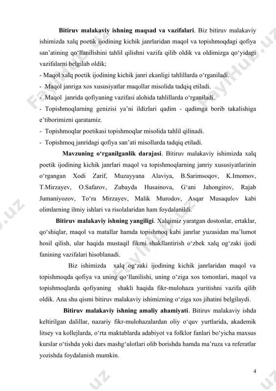 diga ko‘ra mushtarak hisoblanadi. hatto nomlanishida ham yaqinlik aniq seziladi. jumladan, arablarda “qavlun” – gap, so‘z ma’nosini ifodalasa, tojiklarning “zarbulmasal” atamalarida misol keltirish, ruslar “poslovitsa”sida so‘zlar bilan fikrni ifodalash, turklardagi “ota so‘zi”da esa ajdodlar fikrini eslash ma’nosi yetakchi. mahmud koshg‘ariyning “devonu lug‘otit turk” asarida ham “sav” atamasi otalar so‘zini eslash tarzida keltirilgan. xullas, maqol atamasi umumiy mazmun jihatdan “so‘z” tushunchasi bilan bog‘lanadi. dunyodagi hamma xalqlar og‘zaki ijodida maqollarchalik shaklan va mazmunan o‘zaro yaqin janr deyarli yo‘q. masalan, ruscha “shilo v meshke ne utaish” (bigizni qopda yashirib bo‘lmas) – o‘zbekcha “oyni etak bilan yopib bo‘lmas”; inglizlarda “yeast and west, home is best” (sharqmi, g‘arbmi, uying eng yaxshisi) – o‘zbekcha “o‘z uying, o‘lan to‘shaging”; vyetnamda “risoval drakona, poluchilsya chervyak” (ajdar suratini ishlagandim, chuvalchang bo‘lib chiqdi) – o‘zbekcha “men dedim o‘ttiz – alloh dedi to‘qqiz”, osetinlarda “yego v seni ne puskayut, a on lezet v komnatu” – o‘zbekcha “o‘ziga yeng bo‘lmagan, o‘zgaga en …