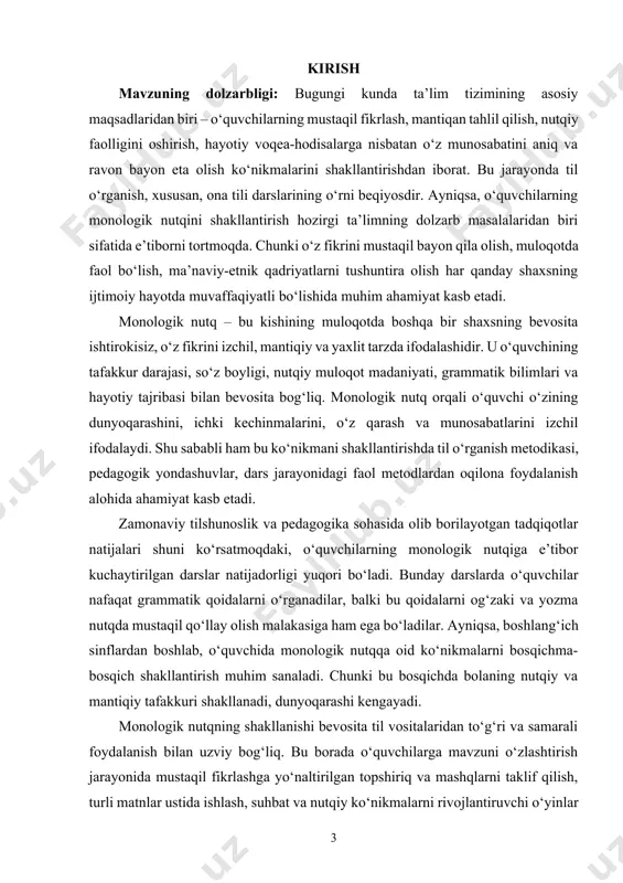 bi faol o‘quv metodlari samarali bo‘ladi. yana bir muhim jihat – bu darslik va metodik qo‘llanmalardagi materiallarning zamonaviy til me’yorlariga, o‘quvchilarning yosh xususiyatlari va qiziqishlariga mos bo‘lishidir. o‘quvchilarga qiziqarli, real hayotga yaqin, ularni fikrlashga undaydigan matnlar asosida monologik nutq tuzish topshiriqlari berilsa, bu ularning fikr erkinligi va ijodiy tafakkurini kuchaytiradi. shuningdek, og‘zaki ifoda mashqlari, hikoya qilish, voqeani tasvirlash, o‘z fikrini dalillash kabi topshiriqlar orqali ularning nutqiy salohiyati rivojlanadi. bugungi kunda o‘quvchilarda mustaqil fikrlash va o‘z fikrini erkin ifoda etish qobiliyatini rivojlantirishda monologik nutqni shakllantirish juda muhim ahamiyat kasb etadi. ona tili darslarida ushbu ko‘nikmani izchil va tizimli ravishda rivojlantirish, o‘quvchining shaxsiy fikr bildirishga bo‘lgan ishonchini oshirish, nutq madaniyatini yuksaltirish, mustaqil tahlil qilishga o‘rgatish – zamonaviy pedagogikaning muhim vazifalaridan biridir. kurs ishining maqsadi: ona tilida monologik nutqni shakllantirish jarayonini o‘rganish va uning o‘quvchilarda nutqiy ko‘nikmalarni rivojlantirishdagi ahamiyatini tahlil qilish. bu kurs ishining asosiy maqsadi ona tilining monologik nutqni shakllantirishdagi metodologik yondashuvlarini …
