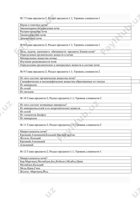 2; раздел предмета-1.1; уровень сложности-2 из чего состоит органические вещества почв? специфические и неспецифические вещества образованные из гнильи из минералов из солей из оксидов № 10 глава предмета-2; раздел предмета-1.1; уровень сложности-2 из чего состоит почвенные минералы? из минералов,солей и из неорганических веществ из солей из элементов биофил из минералов № 11 глава предмета-2; раздел предмета-1.1; уровень сложности-2 макроэлементы почв? кремний,алюминий,кальций,магний другие железо, кальций кремний,алюминий алюминий № 12 глава предмета-2; раздел предмета-1.1; уровень сложности-1 микроэлементы почв? бор,марганец,молибден,йод,кобальт,медбъь,цинк молибден,кальций медь,цинк,гипс железо, марганец,йод, № 13 глава предмета-2; раздел предмета-1.1; уровень сложности-2 в почве радиоктивные элементы? уран. цезий цезий,хлор,йод бериллий,магний молибден,кальций № 14 глава предмета-2; раздел предмета-1.1; уровень сложности-3 каким предметам почвоведения является родственным? биология, сельскохозяйственным наукам медицинским, географическим наукам биологические предметам химические науки № 15 глава предмета-2; раздел предмета-1.1; уровень сложности-3 что вы понимаете когда говорят о почве? почва единственный объект и источник производства селькохозяйственных продукции. почва это часть горных пород магматическая …