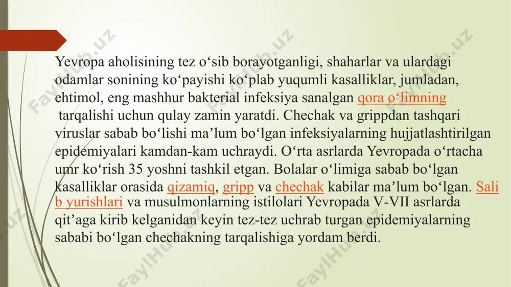 onunlardan edi. kasallikning keyingi epidemiyalari shimoliy amerikada xii, xiii va xix asrlarda sodir boʻldi. denge isitmasi birinchi boʻlib 1779-yilda indoneziya va misrda qayd etilgan. savdo kemalari kasallikni 1780-yilda aqshga tashidi, bu filadelfiyada epidemiya sodir boʻlishiga olib keldi. fizioterapiya olayotgan poliomielit tashxisli bolalar rahima banu — 1975-yilda chechak bilan kasallangani aytilgan so'nggi bangladeshlik qiz. u tirik qolgan. oʻrta asrlar haqiqiy ruhiy epidemiyalarga ham, buzgʻunchi xarakterdagi turli sektalarga ham eng boy davr edi. viii asrda kalabriyada (italiya) jinlar epidemiyasi paydo boʻlib, jinni egallashning tegishli gallyutsinatsiyalari bilan birga keldi. epidemiya konstantinopolgacha tarqaldi. 1206-yilda perudjadagi ruhiy kasal bola odamlarni tavba qilishga chaqirib, kelajakdagi ofatlar va dunyoning oxiri haqida vaʼz qila boshladi. butun yevropani qamrab olgan va ommaviy ziyorat bilan birga kelgan „flageliatizm“, yaʼni oʻz-oʻzini qoʻzgʻatuvchi epidemiya paydo boʻldi. avliyo vitus raqsi epidemiyasi 14-asr oxirida anubiy germaniyada paydo boʻlgan va qoʻshni mamlakatlarga tarqaldi. bemorlar guruhlari qoʻllarini ushlab, koʻchalar boʻylab harakatlanib, aylanayotgan va yovvoyi raqslar va …