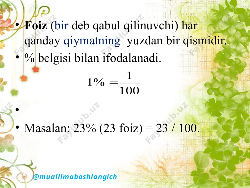 ) i=a-c formula bo’yicha hisoblanadi mavzuga oid misollar 1. 3000 funt sterling yillik foiz stavkasi 7% bo’yicha 3 yilga qarzga olinsa 2. 6100 aqsh dollori yillik foiz stavkasi 5,9% bo’yicha 15 oyga qarzga olinsa kreditorga to’lanadigan foiz to’lovini toping testlar 1. kreditor tomonidan foiz stavkasi har yilga 7% deb belgilangan. tadbirkor 5 yil ichida olingan qarzni va foiz to’loviga qo’shimcha 910 aqsh dollorini to’ladi va qarzdan qutuldi.tadbirkor qancha miqdorda qarz olgan? a)2500 b) 2600 c)2700 d) 2400 2. yillik foiz stavkasi 8% deb belgilangan . 3 yil ichida foiz to’loviga qo’shimcha 3456 funt sterling to’langan bo’lsa,qancha miqdorda qarz olingan? a)14440 b)14400 c)14540 d)14470 3.investor 21 oyda 2300 yevro daromad olmoqchi. har yilgi foiz stavkasi 6,5% deb belgilangan bo’lsa,investor qancha miqdorda investitsiya kiritishi lozim? a)20220 b)20230 c)20235 d)20215 22 e’tiboringiz uchun rahmat image17.jpeg oleobject1.bin image18.wmf image19.png image20.jpeg oleobject2.bin image21.wmf oleobject3.bin image22.wmf oleobject4.bin image23.wmf oleobject5.bin image24.wmf image25.jpeg image1.jpeg image3.wmf image4.png image5.png image6.png …