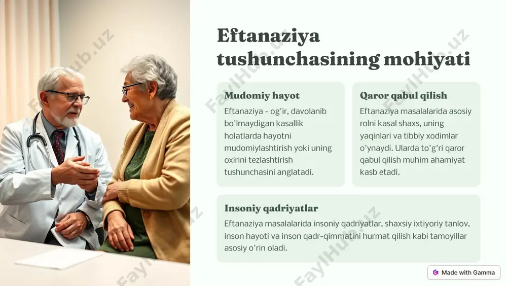 r necha davlatlarda qonuniy sanaladi, masalan, kanadada va ba'zi aqsh shtatlarda. 2 yevropa eftanaziya niderlandiya, belgiya, lyuksemburg va ispaniyada qonuniy, boshqa davlatlarda esa taqiqlanadi. 3 o�iyo va okea�iyadagi �a�lakatlar eftanaziya aksariyat osiyo va okeania davlatlarida qonunan taqiqlanadi. https://gamma.app/?utm_source=made-with-gamma o'zbeki�to�da efta�aziya �ua��olari 1 etik va �uquqiy ziddiyatlar o'zbekistonda eftanaziya qonunan man etilgan bo'lib, u etik va huquqiy jixatdan boy munozaralarga sabab bo'ladi. 2 di�iy qara��lar eftanaziya masalalarida aholining diniy e'tiqodlari va qarashlarini inobatga olish muhim ahamiyat kasb etadi. 3 tibbiy xiz�atlar�i�g rivojla�ga�ligi eftanaziya muammolarini hal etishda tibbiy xizmatlarning rivojlanganligi, kadrlar tayyorlash tizimi muhim rol o'ynaydi. https://gamma.app/?utm_source=made-with-gamma efta�aziya va ka�biy etika tibbiy xodimlar uchun eftanaziya masalalari kasbiy etika me'yorlari, vicdon, shaxsiy qadriyatlar bilan chambarchas bog'liq. bemorlarga va yaqinlariga nisbatan bemor va uning yaqinlarining huquqlari, izzat-nafosilari, e'tiqodi va manfaatlarini hurmat qilish muhim. jamiyat uchun eftanaziya masalalarida jamiyatning ahloqiy qadriyatlari, urf-odatlari, huquqiy normalari hisobga olinishi lozim. https://gamma.app/?utm_source=made-with-gamma efta�aziya to'g'ri�ida be�orlarga va yaqi�lariga axborot beri�� …