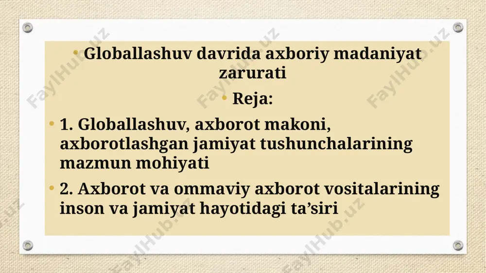 roq maqolalarni topish ham mushkul. ilmiy nashrlar va jurnallar, davriy matbuotda mazkur mavzu bo’yicha biz topa olgan ishlarning miqdori qo’llarimiz panjasidan ham oz. har qanday siyosat, jumladan iqtisodiy siyosat va ma’naviyat sohasidagi siyosat ham ilmiy asosga ega bo’lgandagina muvaffaqiyat keltirishini nazarda tutsak, bu masalada olimlarimiz siyosatchilarimizga etarli ko’mak bera olmayotganini e’tirof etishga to’g’ri keladi. mamlakatimiz jahon maydonida olib borayotgan siyosat ko’proq samara va muvaffaqiyat keltirishini istasak, globallashuvning mohiyati, yo’nalishlari, xususiyatlarini chuqurroq tadqiq va tahlil qilishimiz, shu orqali siyosatchilarimizning to’g’ri yo’l tanlashi va qarorlar qabul qilishi uchun imkoniyat yaratishimiz lozim. globallashuvga qisqa ta’rif bermoqchi bo’lsak, uni turli mamlakatlar iqtisodi, madaniyati, ma’naviyati, odamlari o’rtasidagi o’zaro ta’sir va bog’liqlikning kuchayishi deyish mumkin. globallashuvga berilgan ta’riflar juda ko’p. lekin uning xususiyatlarini to’laroq qamrab olgani bizningcha, frantsuz tadqiqotchisi b.bandi bergan ta’rif. unda globallashuv jarayonining uch o’lchovli ekaniga urg’u beriladi: globallashuv - muttasil davom etadigan tarixiy jarayon; globallashuv - jahonning gomogenlashuvi va universallashuvi jarayoni; globallashuv - …