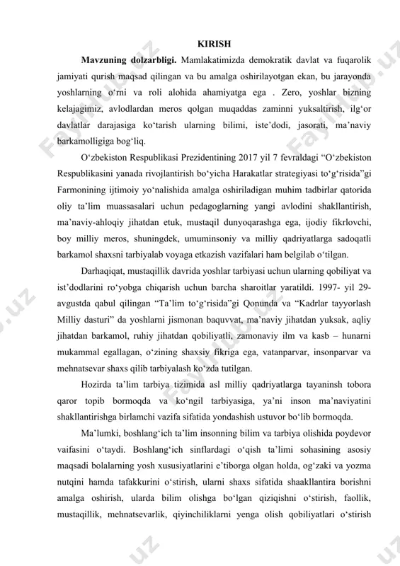 'ri, o‘rinli ishlata olishni o‘rgatish, o‘z nutqiga nisbatan ehtiyotkorlik tuyg'usini shakllantirish o‘qish mashg'ulotlarining asosiy vazifasi sanaladi. ii – bob. boshlang‘ich sinf o‘qish darslarida sinfdan tashqari o‘qitish 1.1. sinfdan tashqari o‘qishning maqsad va vazifalari maktab o‘quvchini o‘qish malakasi bilan qurollantirish bilan bir qatorda kitobni mustaqil o‘qiy oladigan, uni tushunadigan, ma’lum bir mavzuga oid kitoblarni tanlay oladigan, gazeta va jurnallarni ham mustaqil o‘qiydigan faol kitobxonni tarbiyalaydi. shu jihatdan sinfdan tashqari o‘qish (sinfdan tashqari o‘qitish) tarbiyaning asosiy quroli sifatida xizmat qiladi, ko‘p narsani bilishga havasni orttiradi. sinfdan tashqari o‘qitishning maqsadi o‘qish malakalarini takomillashtirish, kitob tanlay oladigan, muntazam kitob o‘qiydigan, o‘qilgan kitobni to‘g‘ri baholay oladigan ongli kitobxonni tarbiyalashdir. maktablarda 1959 yildan boshlab maxsus sinfdan tashqari o‘qitish darslari tashkil etilgan. bunday darslar 1-2-sinfda haftada 1 marta, 3-4-sinfda 2 haftada 1 marta o‘tkazilib kelindi. hozirgi dasturga ko‘ra, bunday darslar 1-4-sinflarda 2 haftada bir marta o‘tkaziladi. savod o‘rgatish jarayonida esa haftadagi oxirgi alifbe darsining 17-20 daqiqasi ajratiladi. …