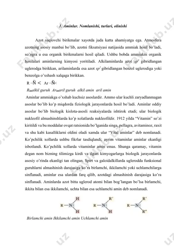lar alkil yoki aril guruhladan tashkil etgan bo’lishi mumkin. tizimli iyupak nomlanish bo’yicha aminlar asosan ikki hil nomlanadi: alkilaminlar yoki alkanaminlar. birlamchi aminlar alkilaminlar deb nomlanib, azot tutgan alkil guruhi nomiga amin qo’shimchasini qo’shib hosil qilinadi. alkanaminlar deb nomlanganda, alkil guruhi alkan deb nomlanadi va amin qo’shimchasi qo’shiladi. fenilamin trimetilamin anilin iyupak nomlanishi b o’yicha benzolni amino hosilasi deb qaraladi. anilinnni hosilalari nomlanishida raqamlanish aminoguruh birikkan uglerod atomidan boshlanadi. o’rinbosarlar alfavit tartibi bo’yicha yoziladi, raqamlanish yo’nalishi odatda “birinchi o’rindagi farq” qoidasi bo’yicha boshqariladi. 4-ftoranilin 5-brom- 2 -etil anilin arilaminlarni arenaminlar deb ham nomlash mumkin. shunday qilib, anilinni nomi muqobilligiga qaramasdan kamdan-kam benzolamin deb foydalaniladi. ikkita aminoguruh tutgan birikmalarni nomlashda tegishli alkan yoki aren nomiga - diamin qo’shimcha qo’shib nomlanadi. 1,2- propandiamin 1,6-geksandiamin 1,4 - benzoldiamin aminoguruhlarni sinflarini nomi va shunga o’xshash birikmalar identifikatsiyalanganda asosan kichik guruhdan kattaga qarab nomlanishi maqsadga muvofiqdir. aminoguruhlar gidroksilguruhlar va karbonil guruhlardan ustun turadi. ushbu holatlarda …