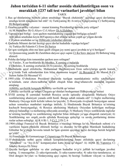 jahon tarixidan 6-11 sinflar asosida shakllantirilgan oson va murakkab 1237 tali test varinatlari javoblari bilan — DOC