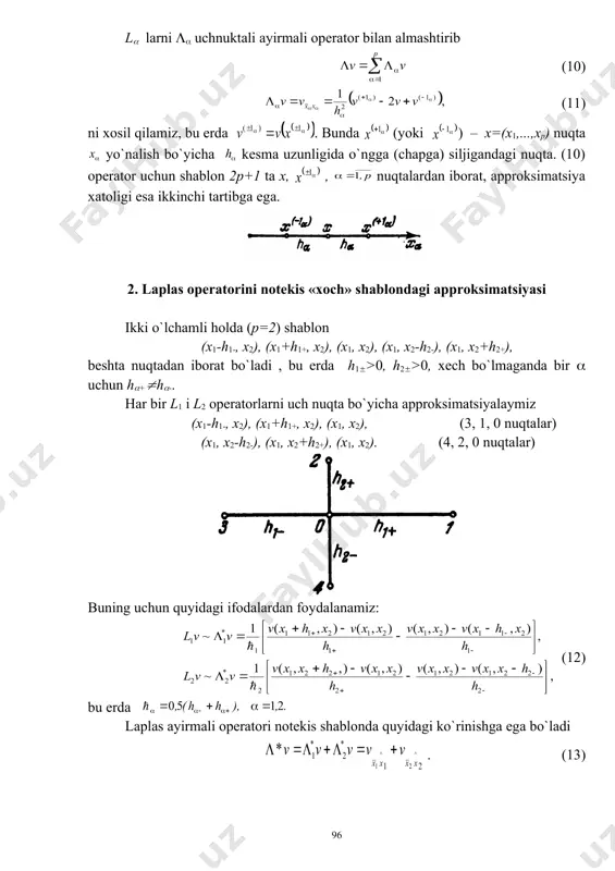 h1, i2h2) tugun deb ataymiz. umumiy ichki tugunlar soni (n1-1)(n2-1) ga teng. to`g`ri to`rtburchak chegarasida yotuvchi tugun (i1=0,n1 yoki i2=0,n2 bo`lganda), quyidagi to`rtta (0,0), (0,l1), (0,l2), (l1,l2) nuqtadan tashqari nuqtalarni chegaraviy tugunlar deb ataymiz. ular to`plamni tashkil qiladi. barcha ichki va chegaraviy tugunlar to`plamini to`r deb ataymiz. har bir ichki tugunda besh nuqtali «xoch» regulyar shablonni qurish mumkin, bunda (=1, 2 tugunlar (ya`ni, yoki , yoki ) da yotadi. shuning uchun (u laplas operatorini barcha ichki tugunlarda ayirmali operator bilan almashtirish mumkin. (1’) tenglamaning o`ng qismi- f(x) ni ((x) to`r funtsiya bilan shunday approktsimatsiya qilish mumkinki bo`ladi. f(x) funktsiyaning uzluksizligini hisobga olib, ((x)=f(x) deb faraz qilamiz. (1') masalaga mos keluvchi ayirmali dirixle masalasini qo`yamiz: ichki tugunlarda ( da) (19) tenglamani qanoatlantiruvchi da aniklangan va (h chegarada y(x)=((x), x((h. (20) qiymatlari berilgan u(x) to`r funktsiyani topish kerak. da to`r to`g`ri to`rtburchakli, h1=h2=h da esa kvadrat to`r deyiladi. (y uchun kvadrat to`rda …